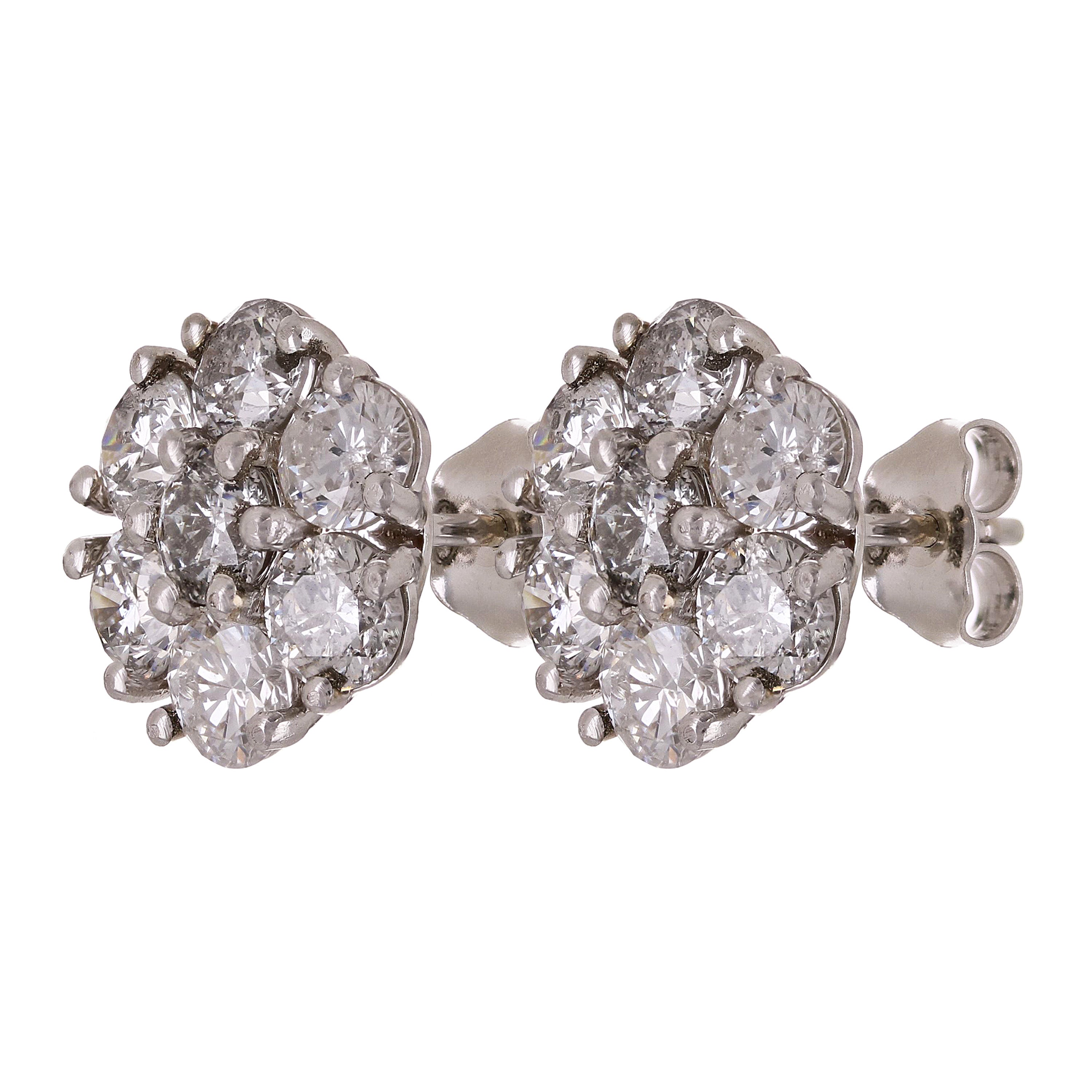 14k White Gold Flower Cluster Round Diamond Stud Earrings 6.12ctw 14.1mm 5.8g