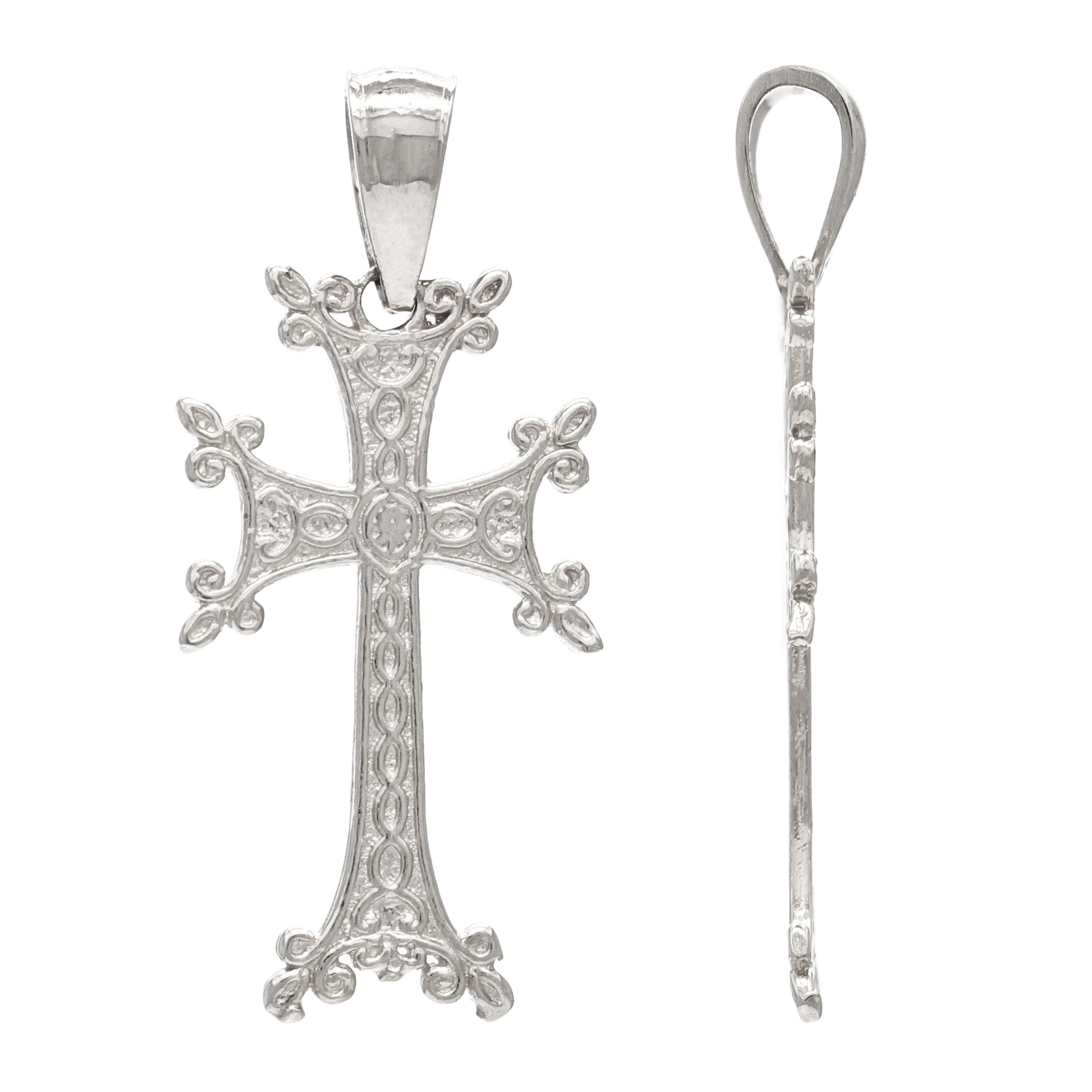 14k White Gold Khachkar Armenian Cross Charm Pendant 1.4 grams - White