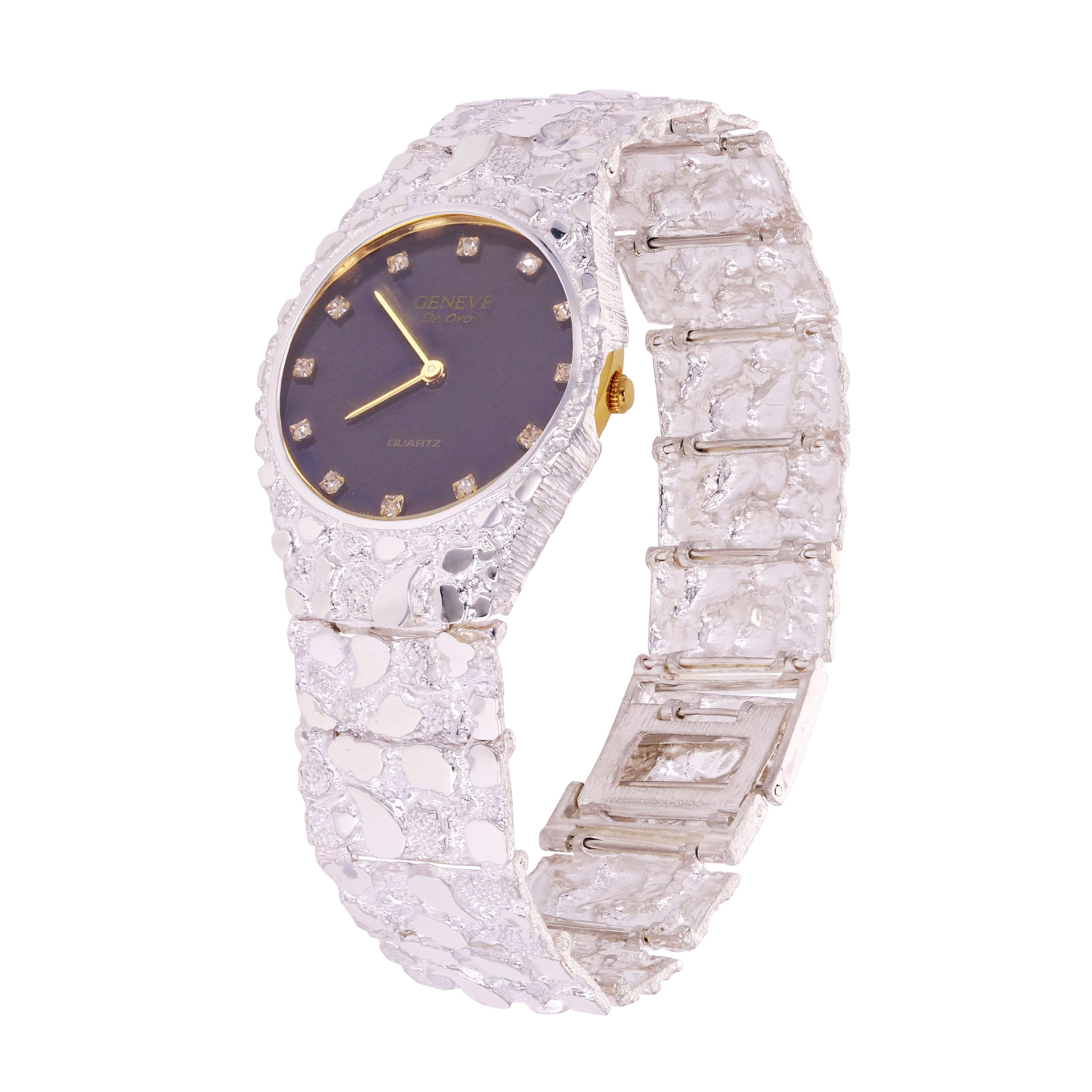 Sterling Silver Nugget Wrist Watch Geneve Diamond Watch 7-7.5" Straight Band 58g - 7" 58 grams