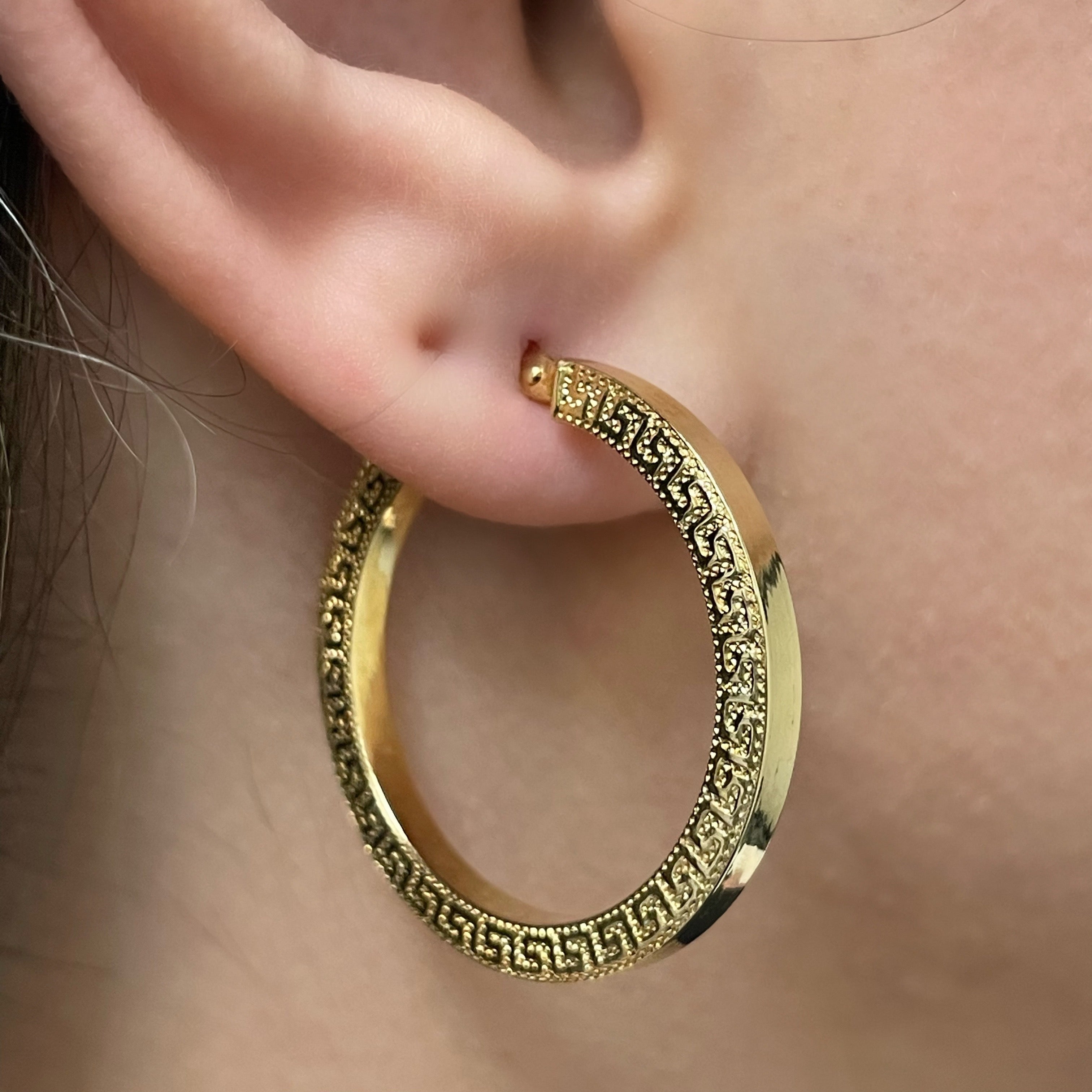 Italian 14k Yellow Gold Greek Key Hollow Hoop Earrings 1.3" 3mm 3 grams