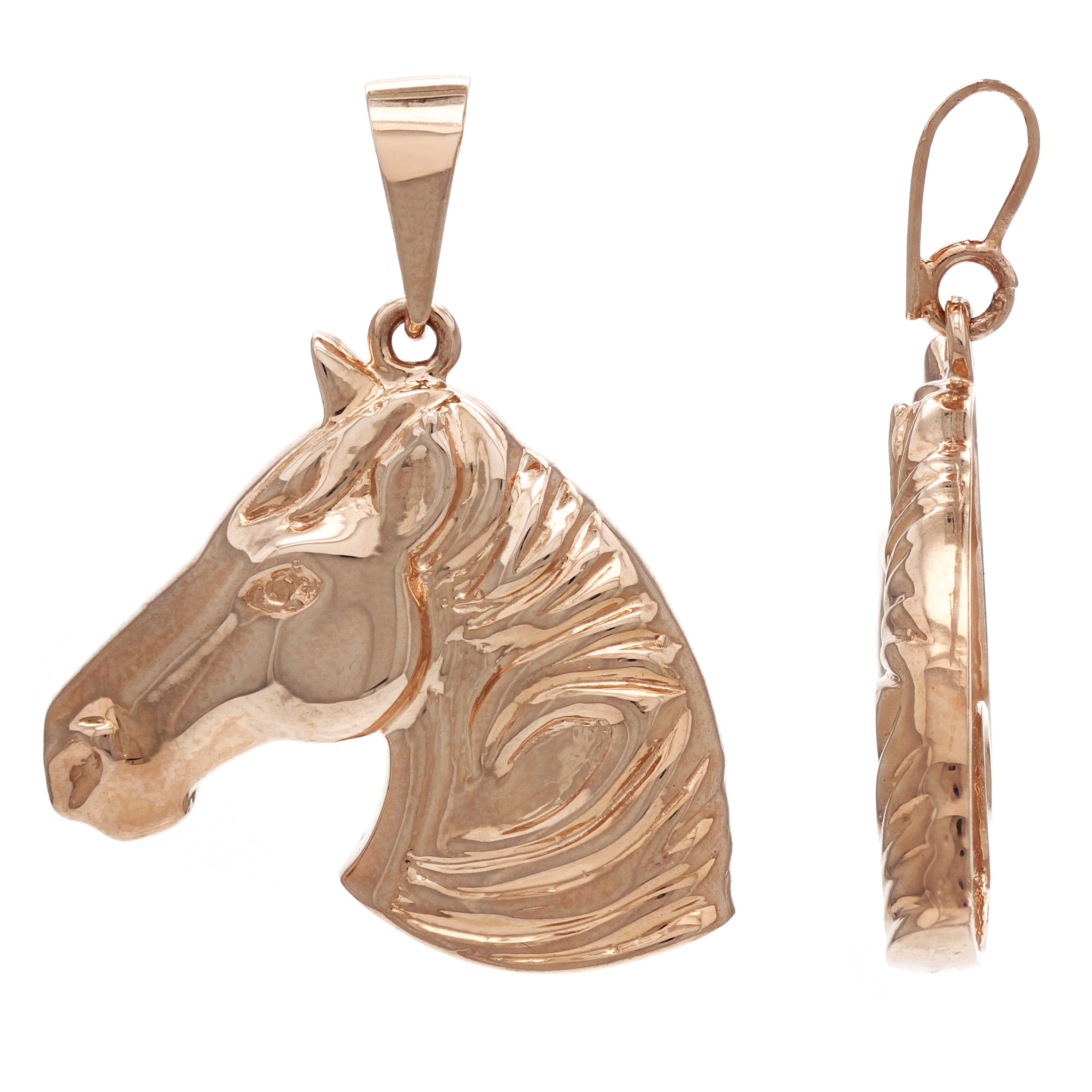 14k Rose Gold 3D Lucky Stallion Horse Head Charm Pendant 1.45" 8.4 grams - Rose