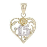 14k Two Tone Gold Quinceanera 15 Anos Heart Charm Pendant 1.1" 2.5 grams