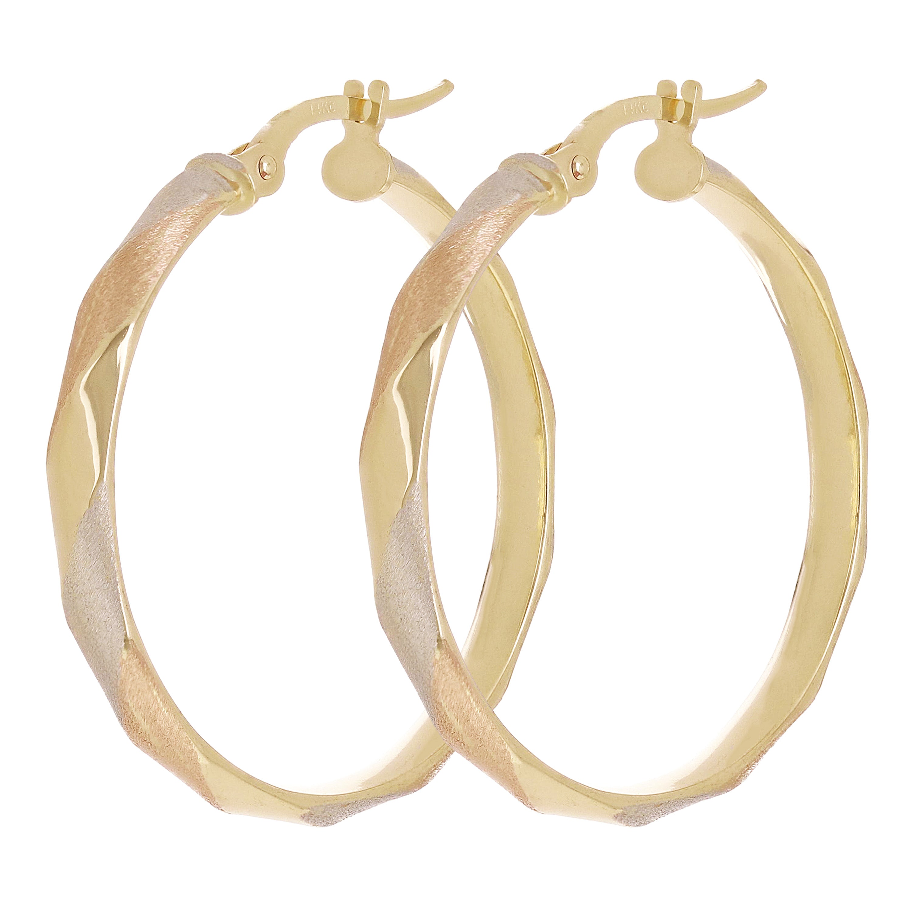 Italian 14k Tri-Color Gold Satin Twisted Hoop Earrings 1.2" 3.5mm 2.4 grams