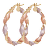 Italian 14k Tri-Color Gold Satin Twisted Hoop Earrings 1.1" 3.5mm 2.3 grams