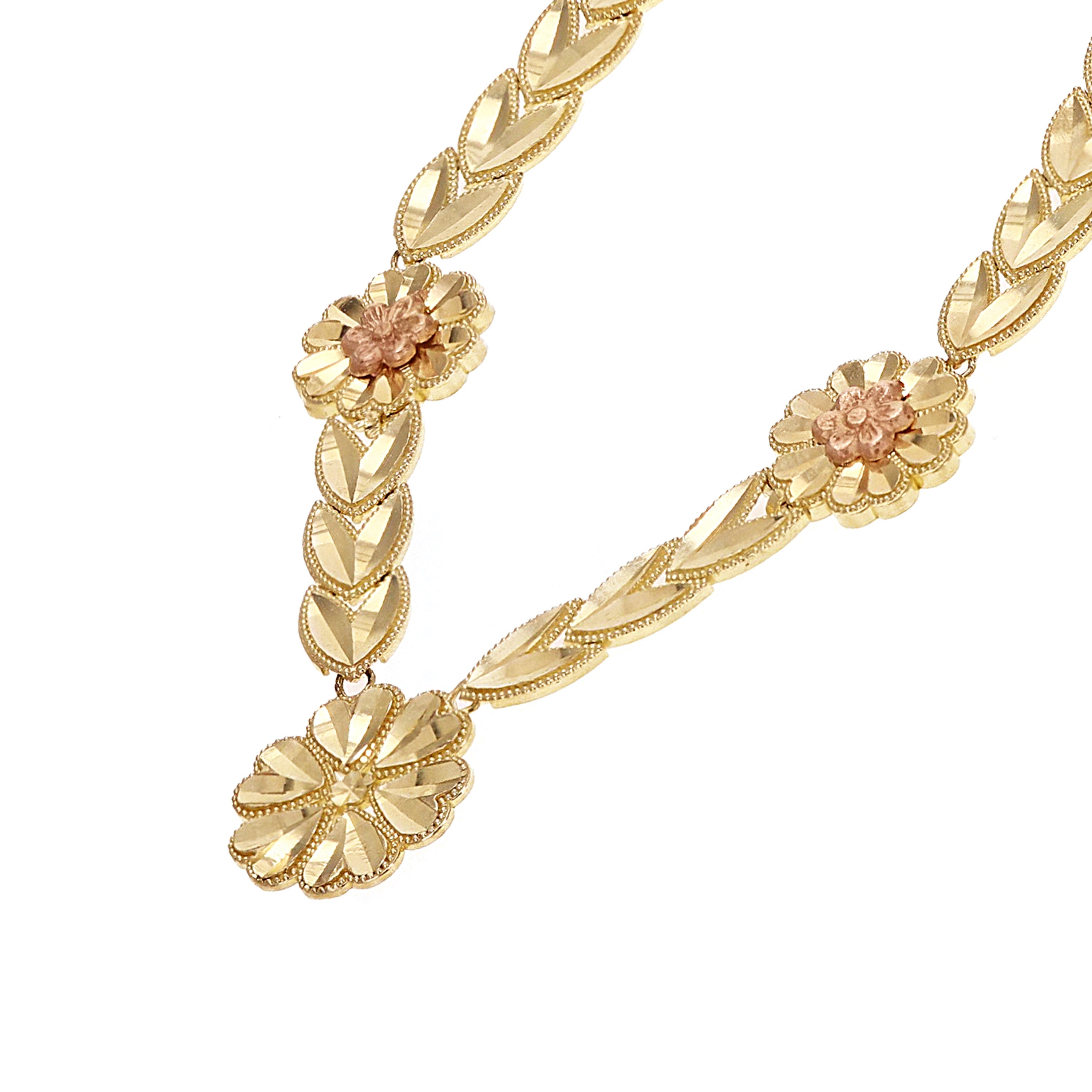 14k Two-Tone Gold V Shape Leaf Link & Flowers 17" Necklace & 7.5" Bracelet Set