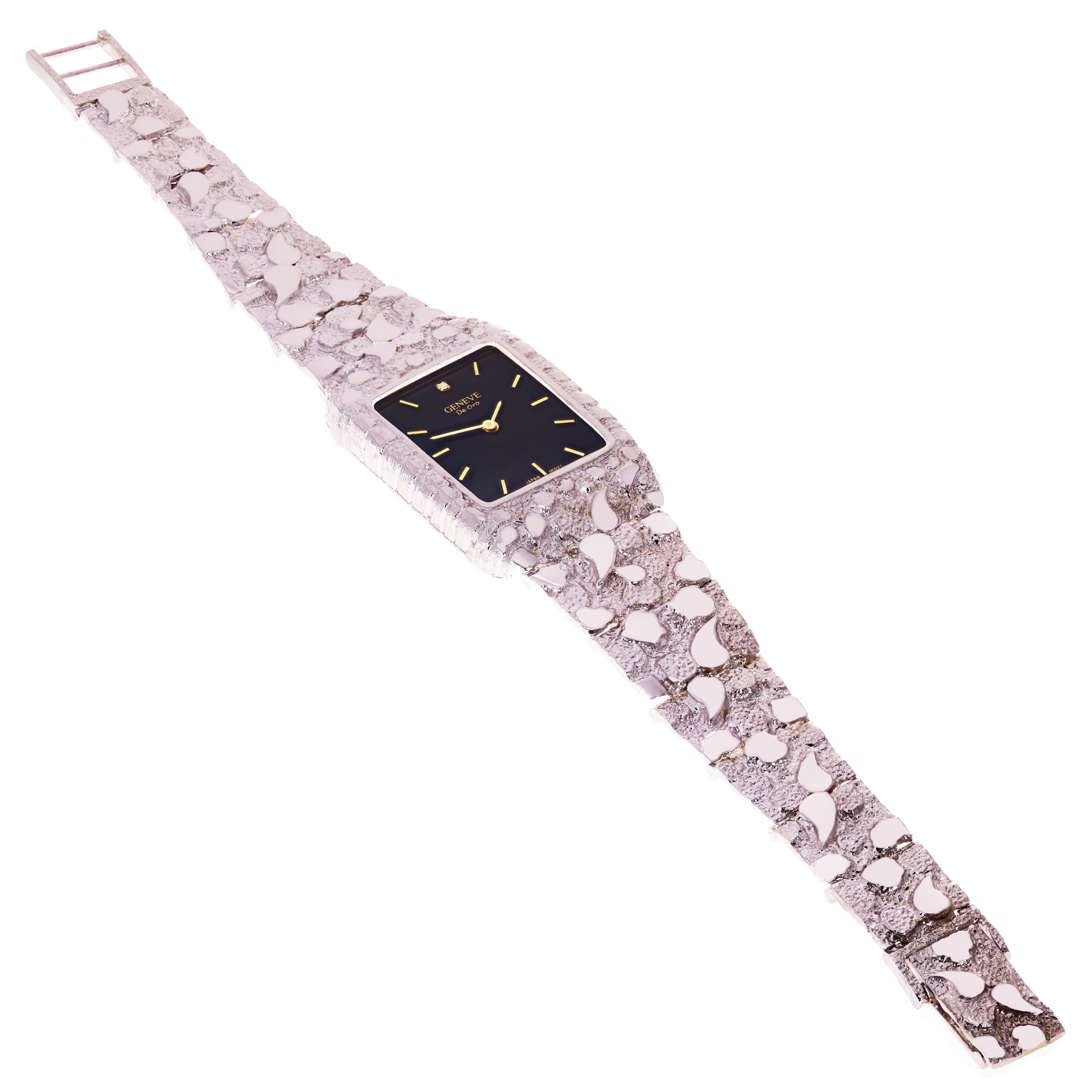 14k White Gold Nugget Link Wrist Band Geneve Diamond Watch 8-8.5" 58.1 grams