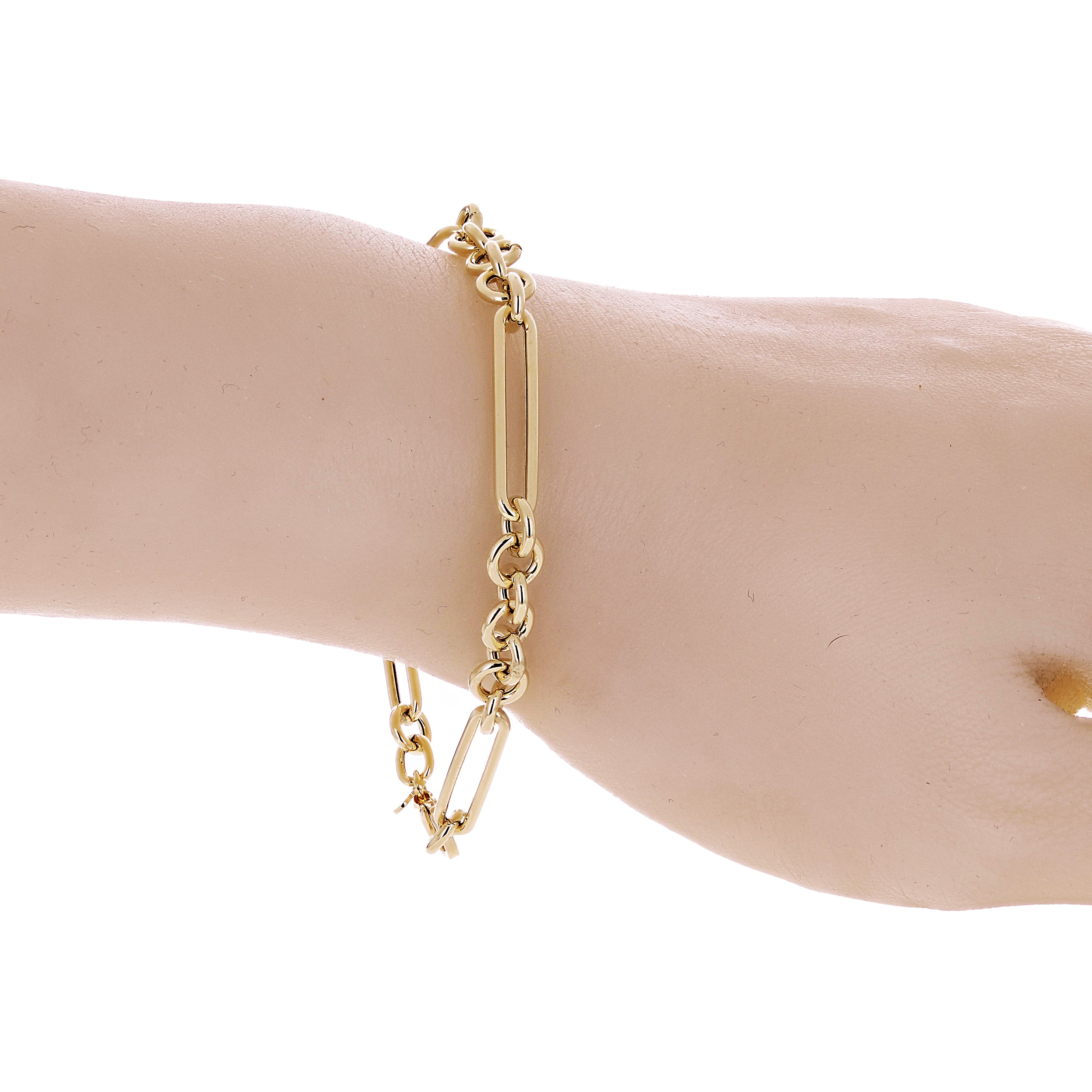 Italian 14k Yellow Gold Hollow Round & Paper Clip Link Bracelet 7.5" 5 grams