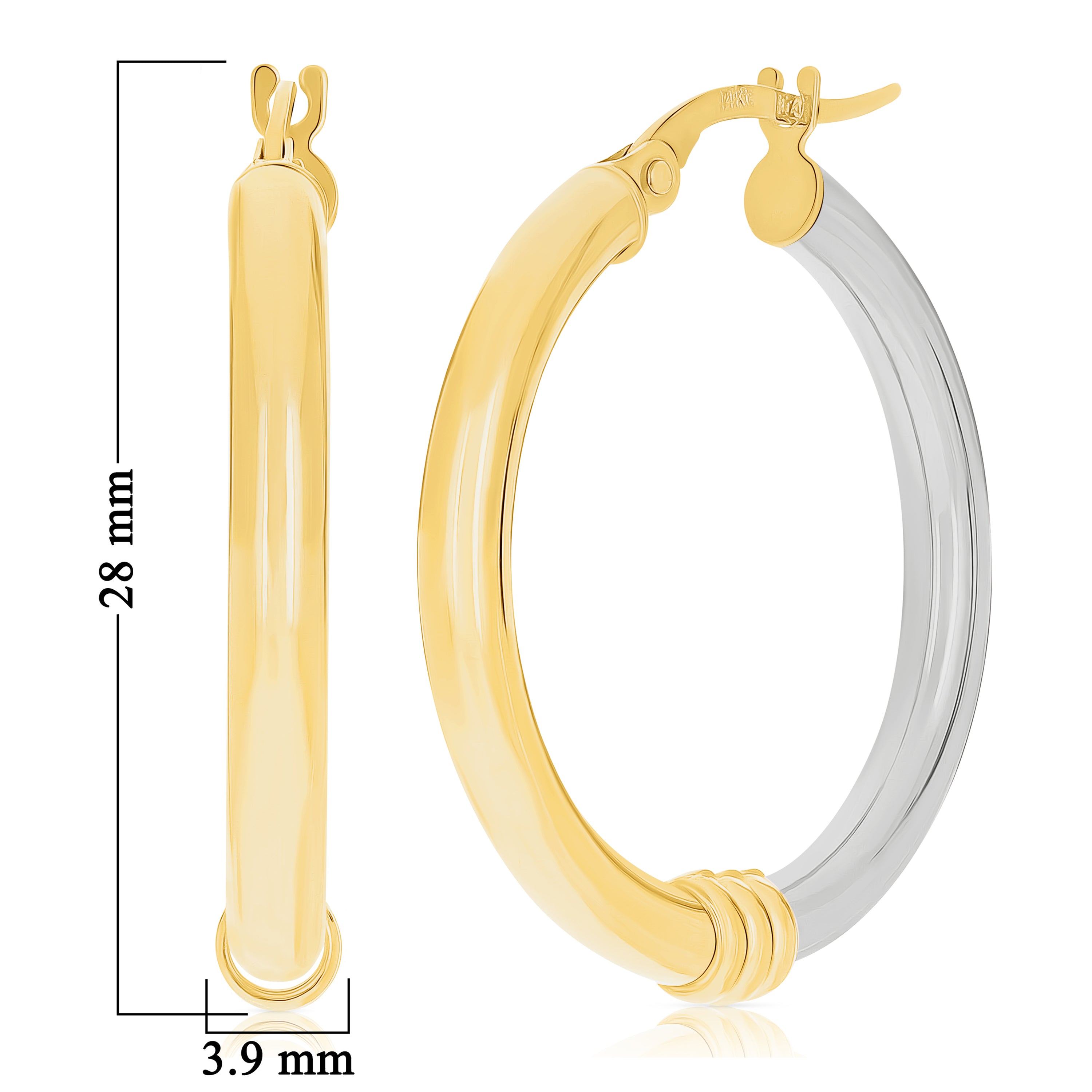 Italian 14k Yellow & White Gold Polished Medium Hollow Hoop Earrings 1.1"