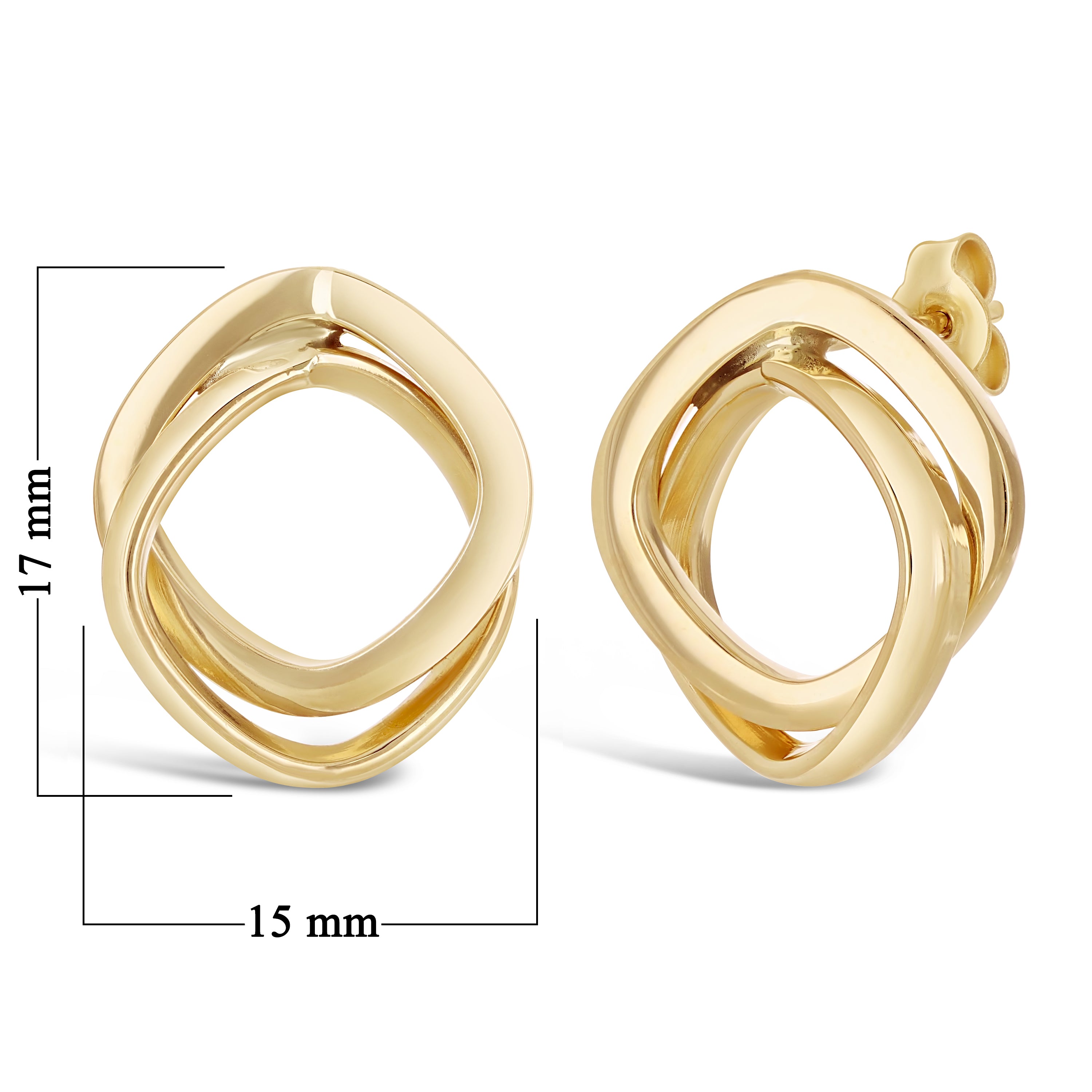 Italian 14k Yellow Gold Bright Shine Open Double Square Hoop Drop Stud Earrings - Square Tubular