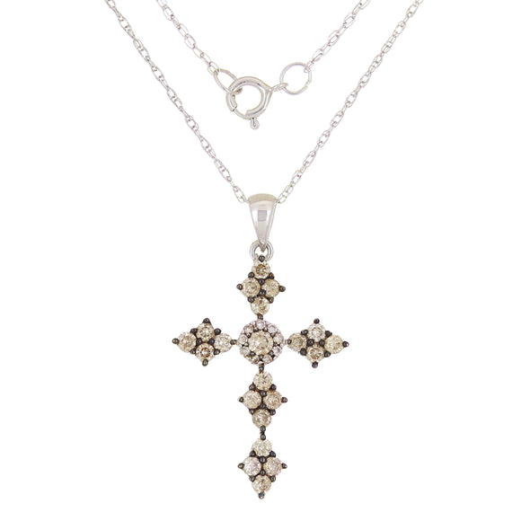 14k White Gold 0.63ctw Champagne Diamond Celtic Cross Pendant Necklace 18