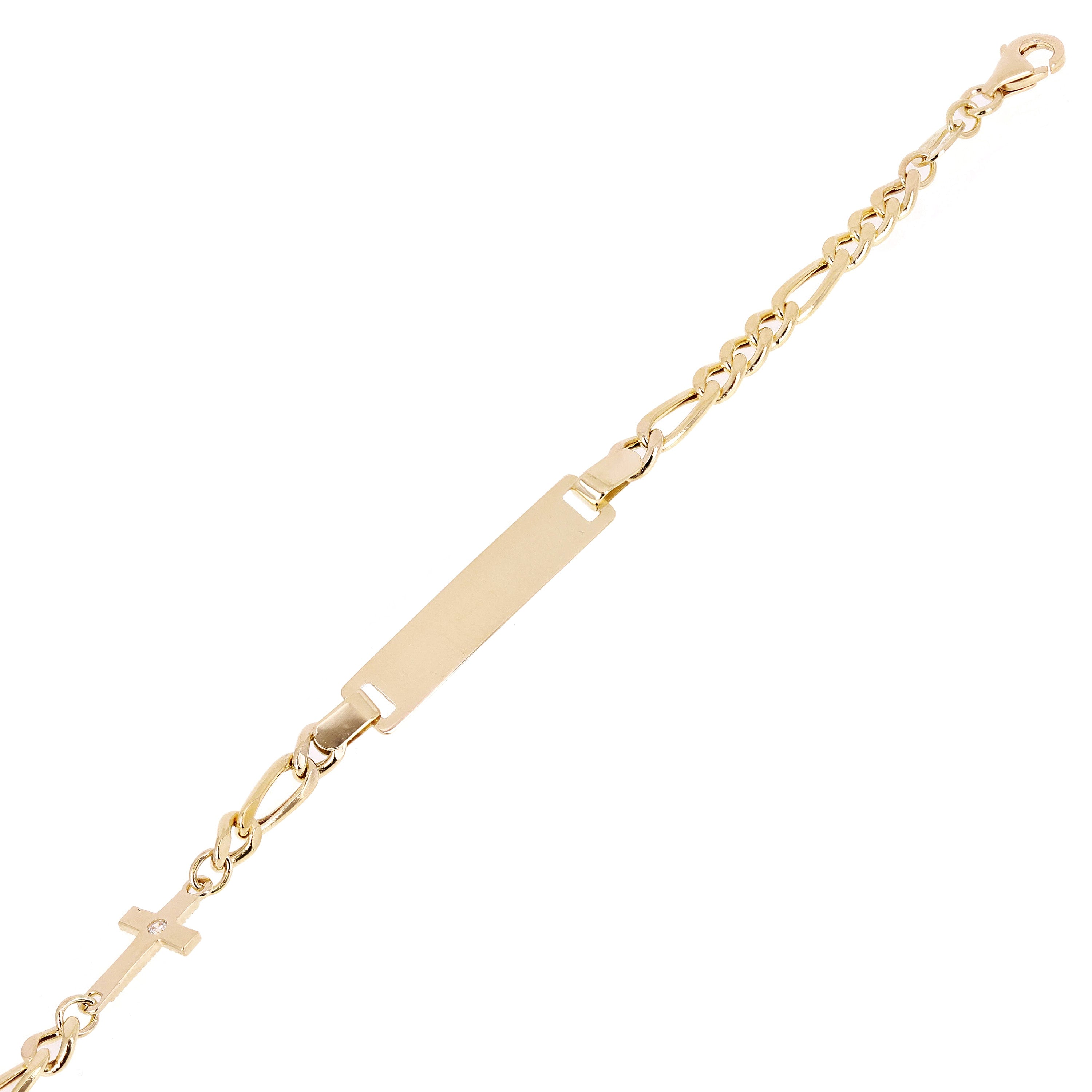Italian 14k Yellow Gold Engravable Cross Baby Kids ID Figaro Bracelet 5.5" 2.6g
