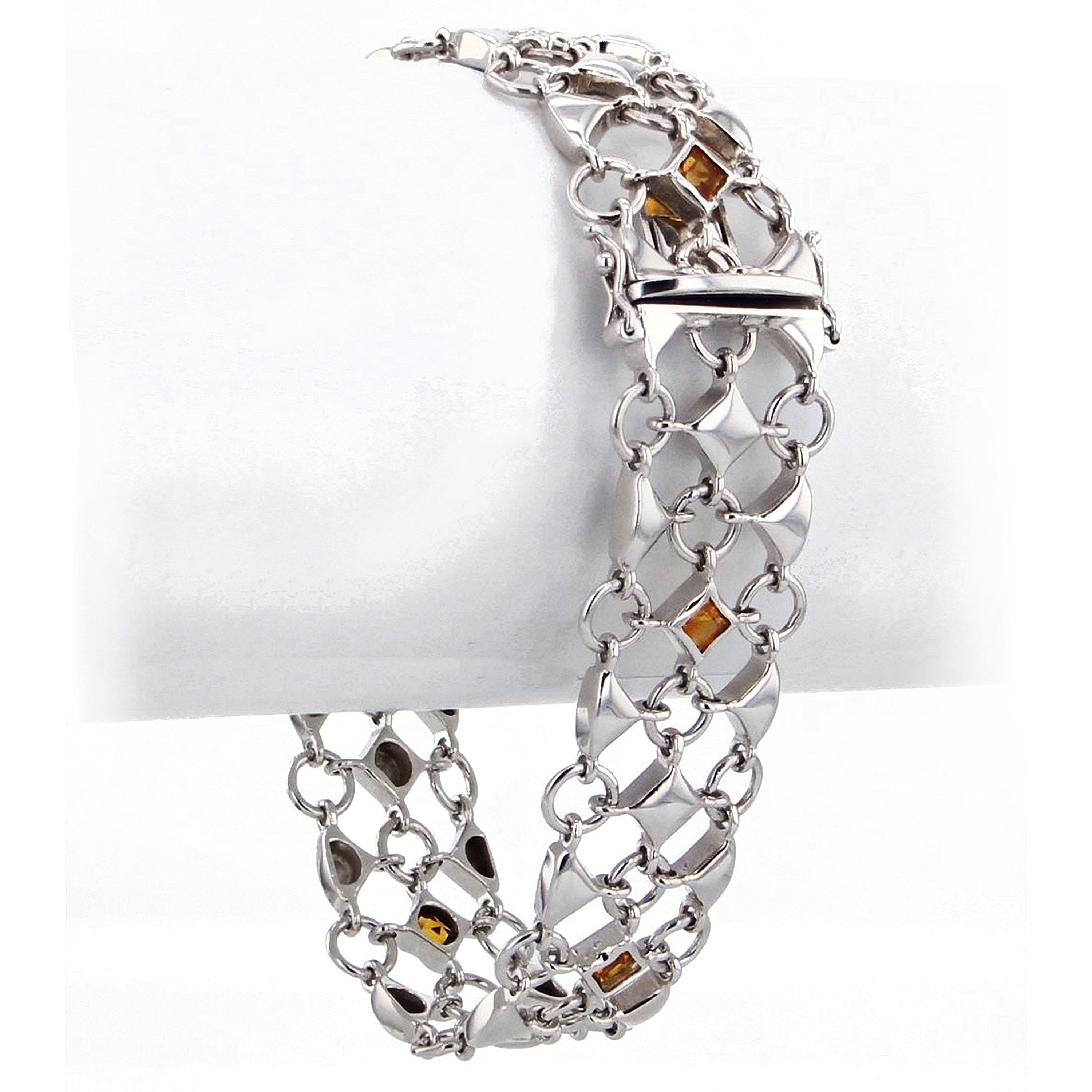 Italian 14k White Gold Link Bracelet with Citrine Gemstones 18mm 7.25" 25 grams