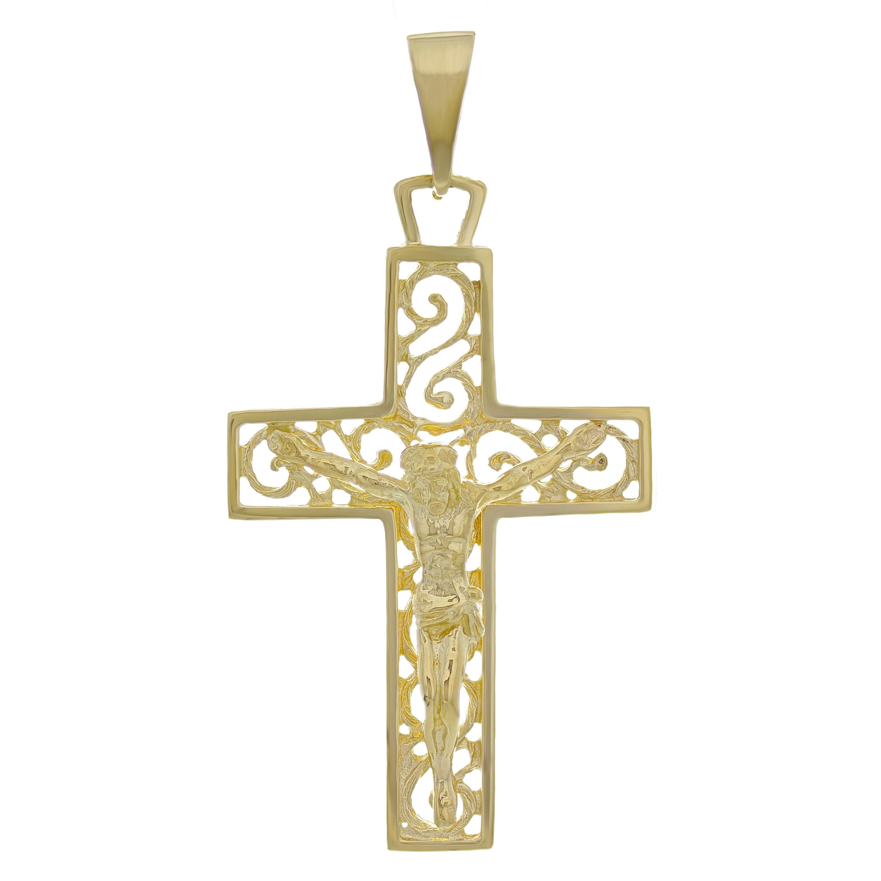 14k Yellow Gold Filigree Crucifix Cross Religious Charm Pendant 2" 5 grams - Yellow
