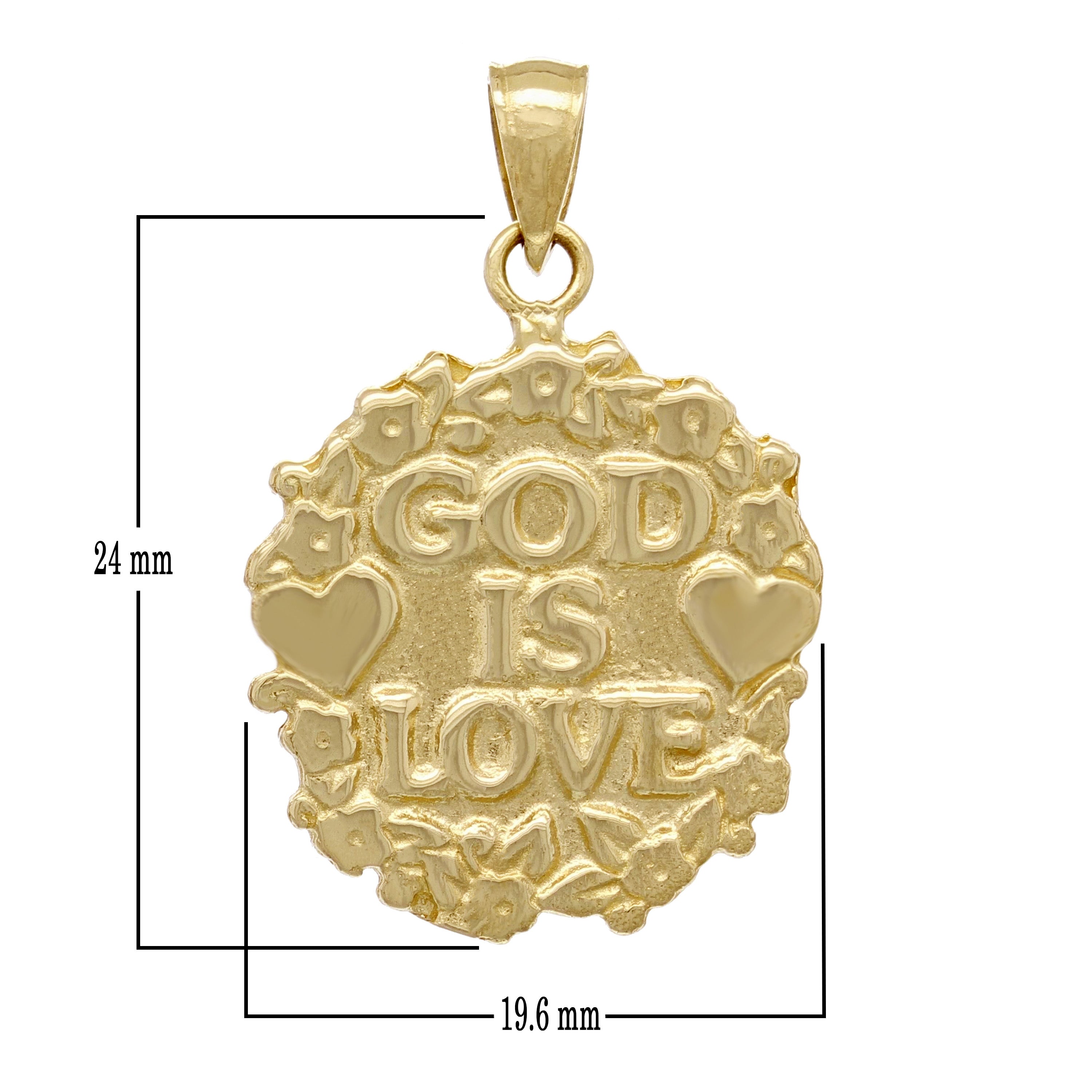 14k Yellow Gold Solid GOD IS LOVE Heart & Flowers Charm Pendant 1.2" 4.9grams - Yellow