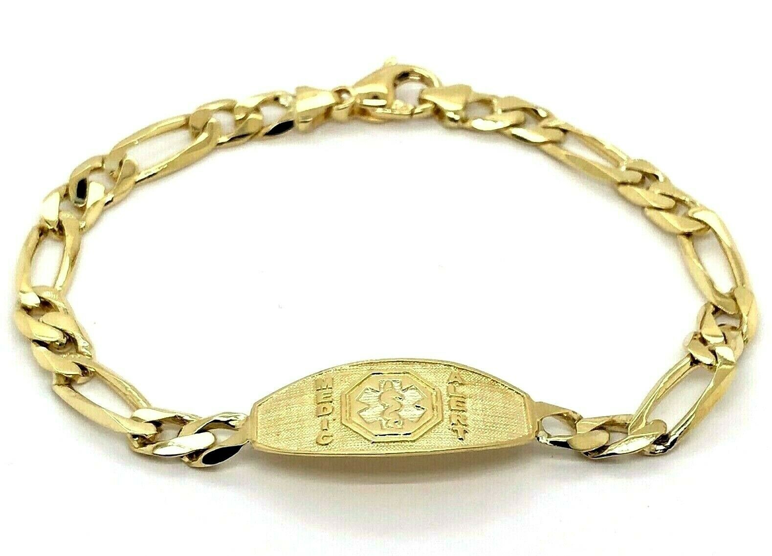 14k Yellow Gold Figaro Link Chain Medical Alert ID Bracelet 7" 13.5mm 13.5 grams - 7"