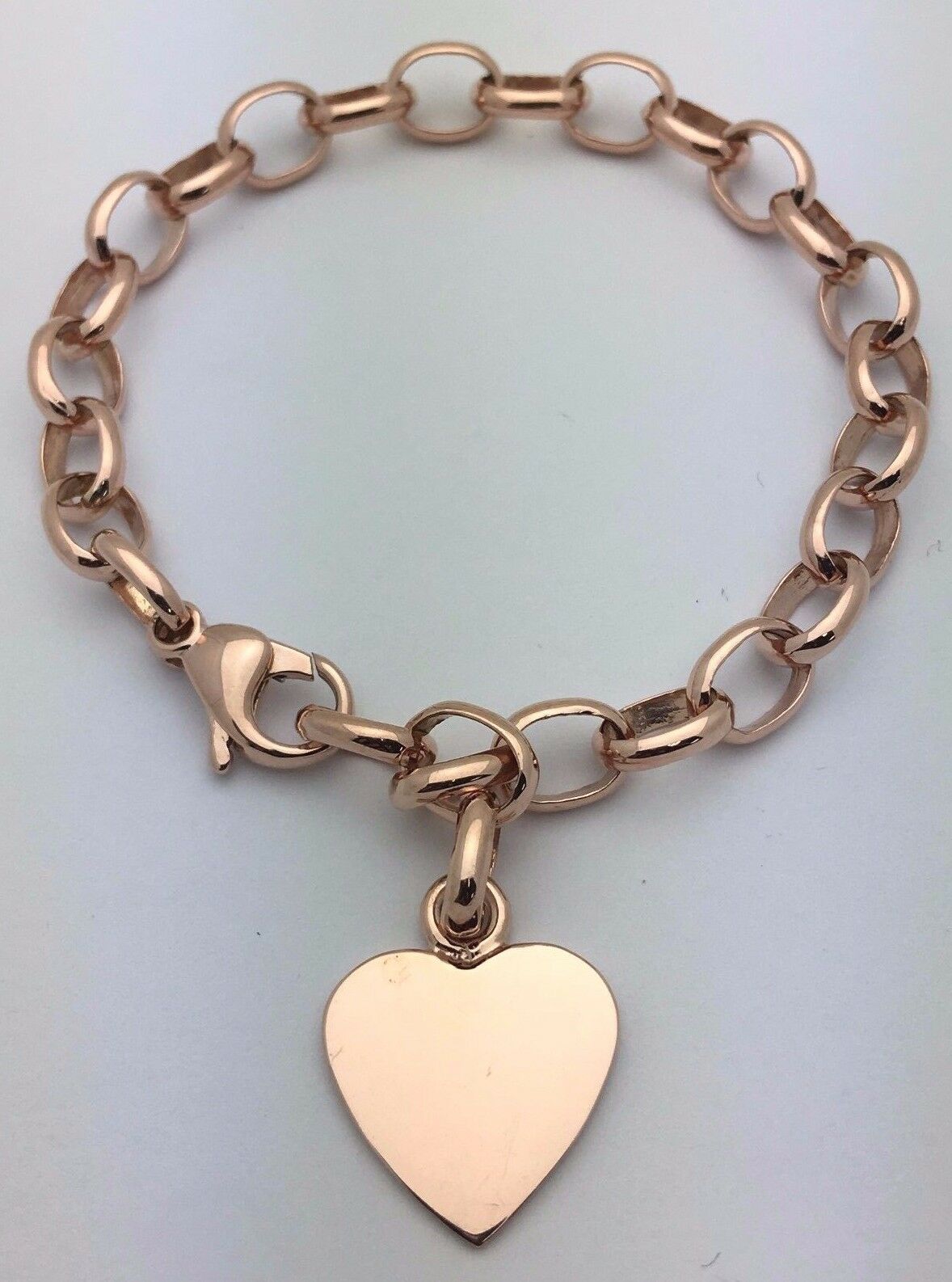 14k Rose Gold Oval Rolo Link Chain Heart Charm Bracelet 8.5" 19 grams