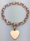 14k Rose Gold Oval Rolo Link Chain Heart Charm Bracelet 8.5" 19 grams