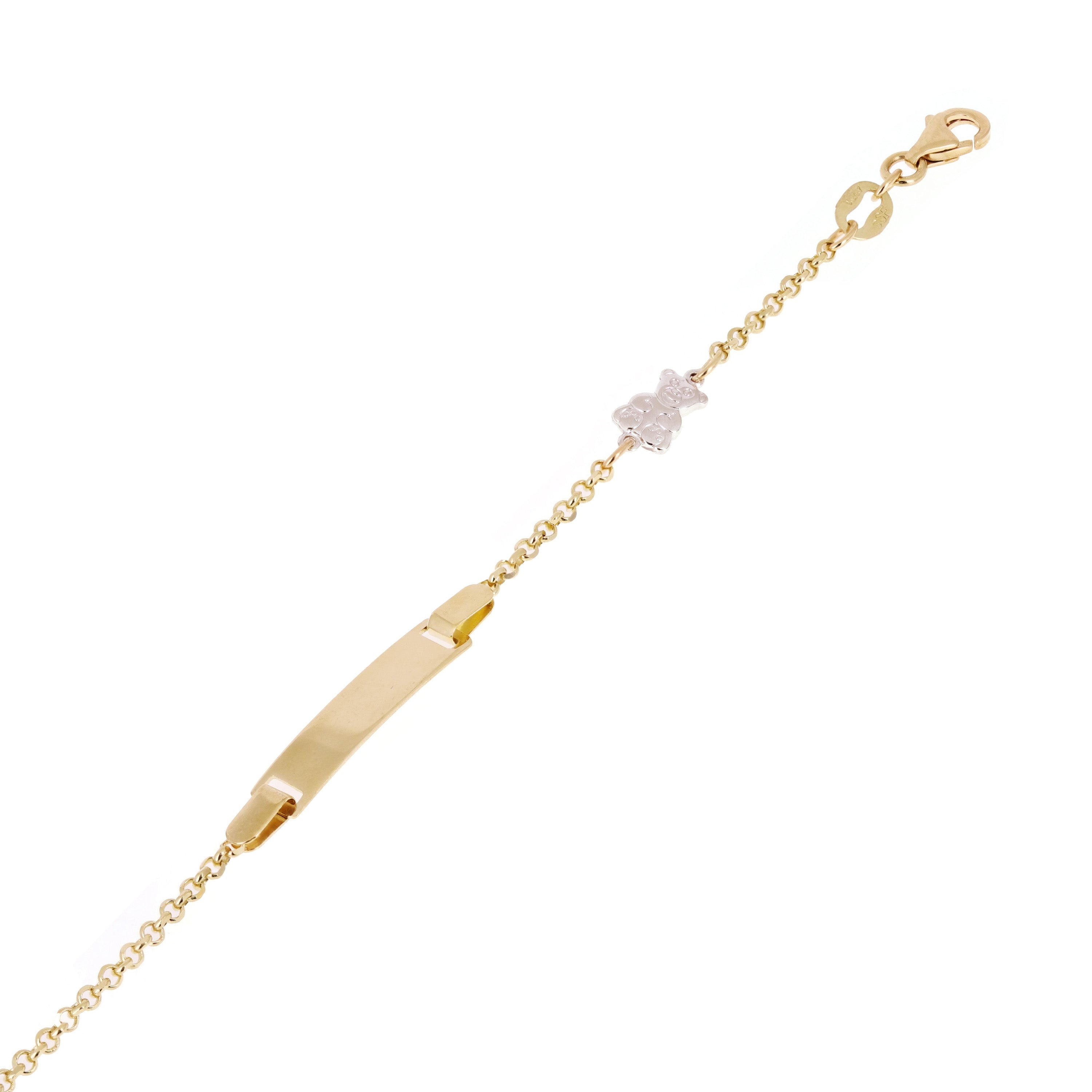 Italian 14k Yellow & White Gold Teddy Bear Charm Baby Kids ID Bracelet 5.5" 2g