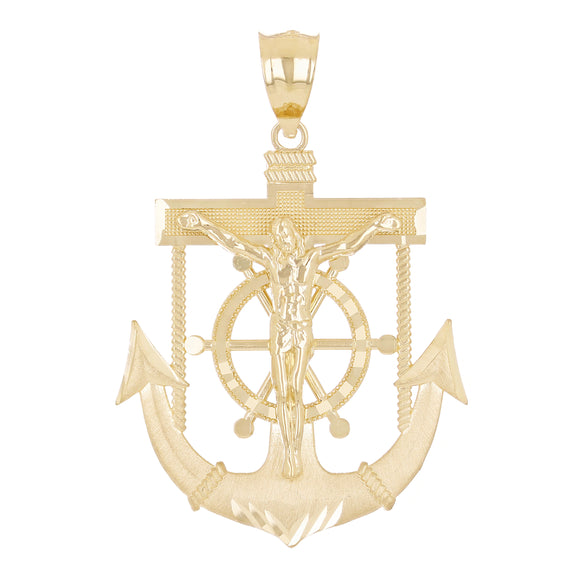 14k Yellow Gold Jesus Christ  Cross Anchor Ship Mariners Pendant 2.1