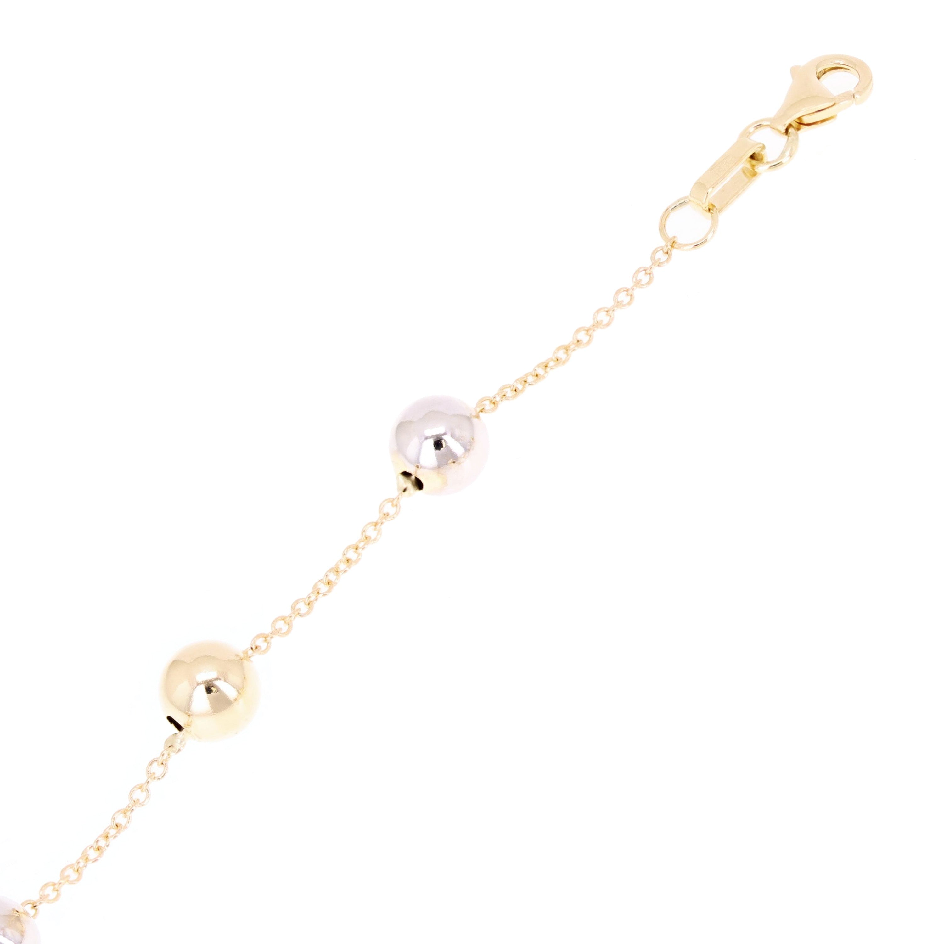 Italian 14k Yellow & White Gold Ball Bead Station Bracelet 7.5" 6mm 2.2 grams
