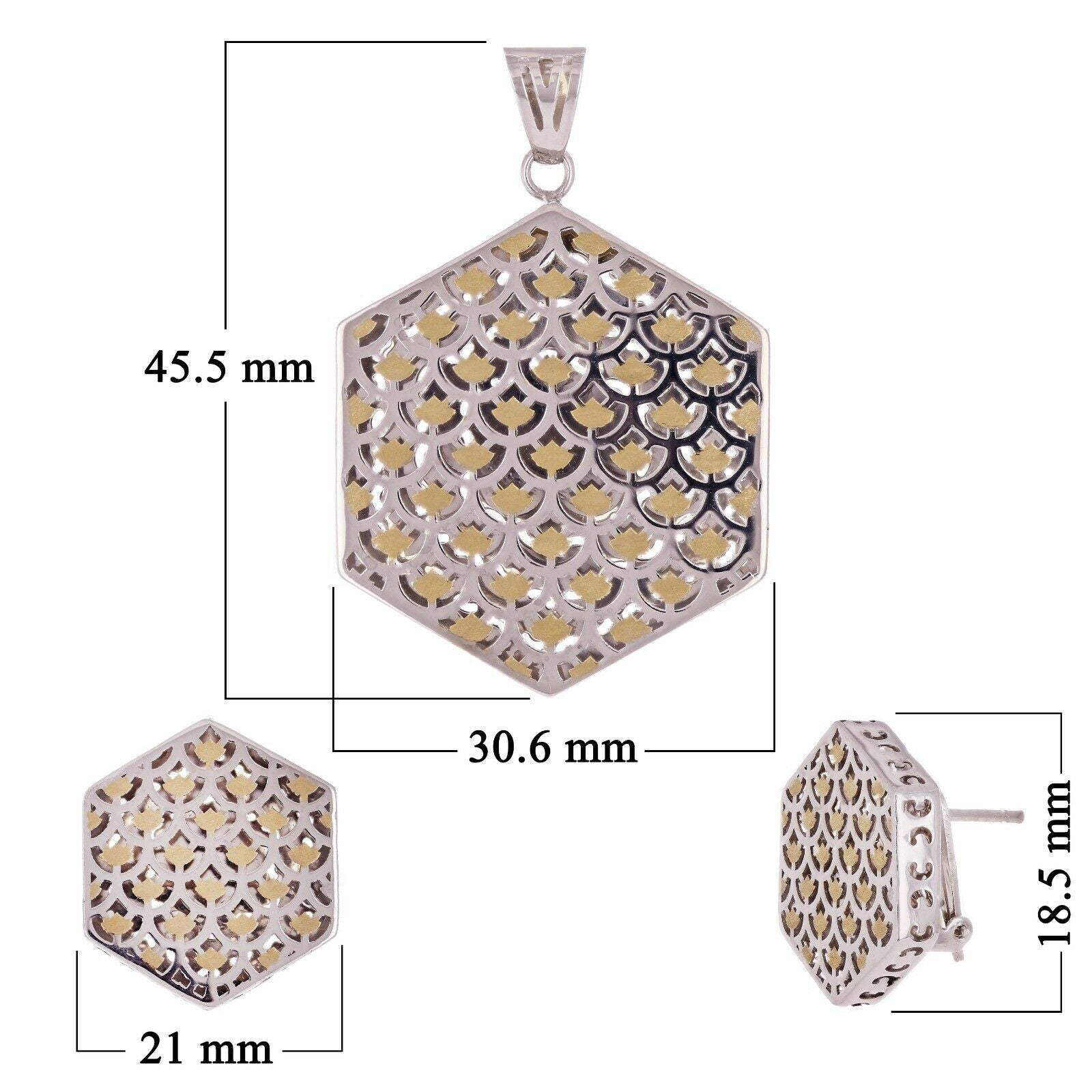 Italian 18k Two Tone Gold Hexagon Earrings & Pendant Set 12.9 grams