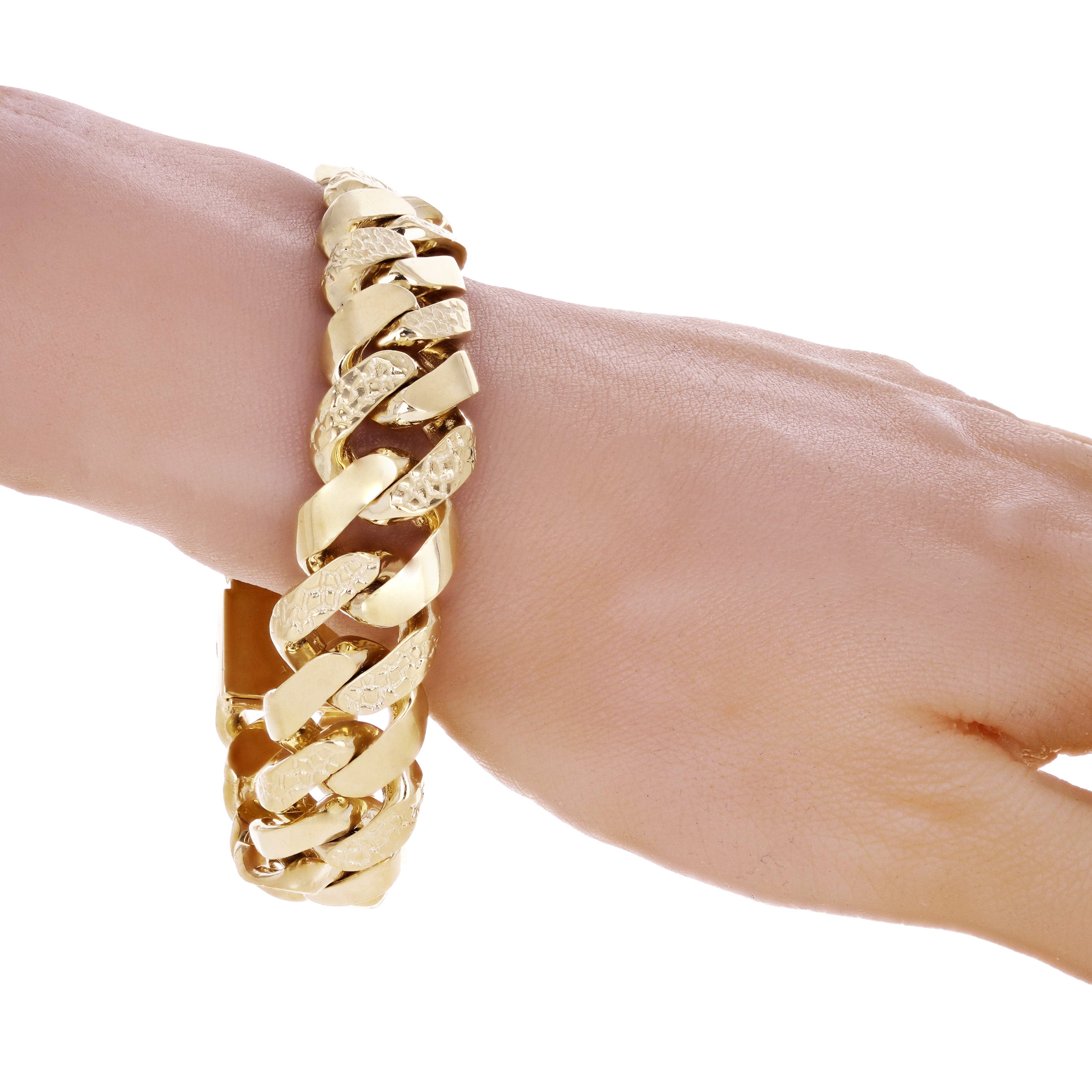14K Yellow Gold Nugget Curb Cuban Link Chain Bracelet 9.5" 19mm 131 grams - 9.5"