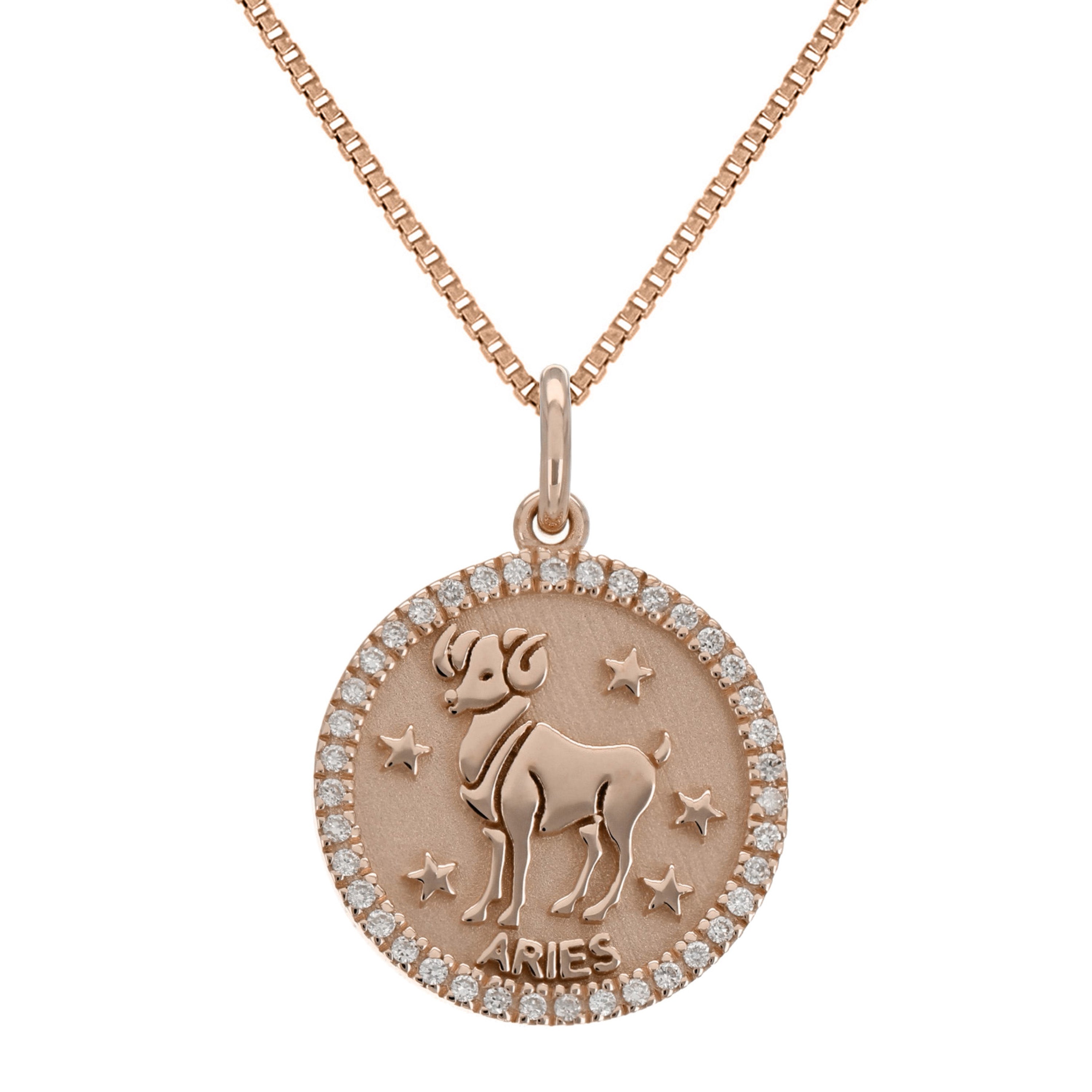 14k Rose Gold  Diamond Zodiac Sign Aries Pendant Necklace 18" - Aries,Rose