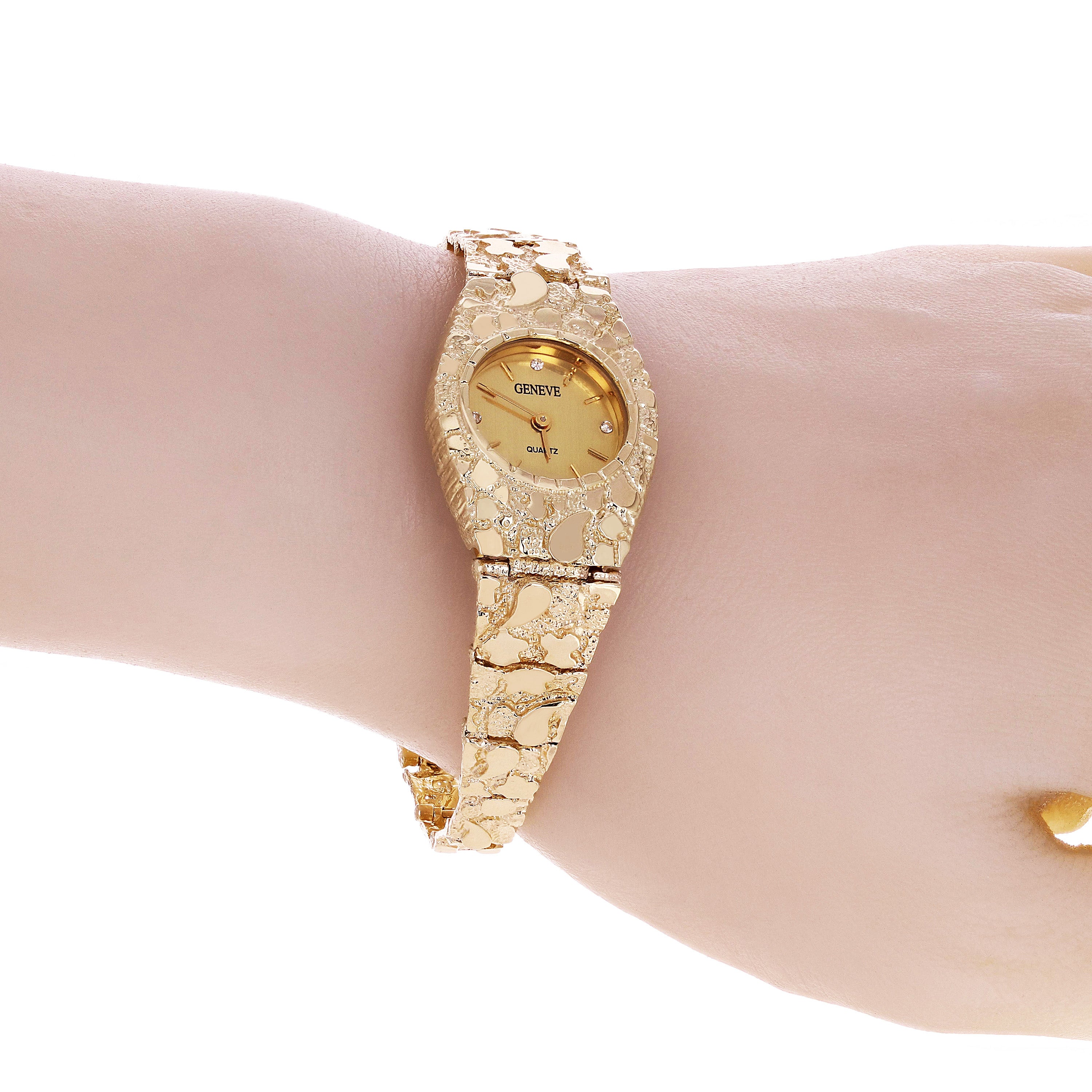 Women's 14k Yellow Gold Nugget Link Bracelet Geneve Wrist Watch with Diamonds 8"