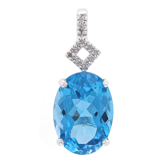 14k White Gold Oval Blue Topaz & Diamond Geometric Drop Pendant