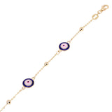 Italian 14k Yellow Gold Enamel Evil Eye Station Bracelet 7" 2.5 grams - 3 Round Dark Blue Eyes