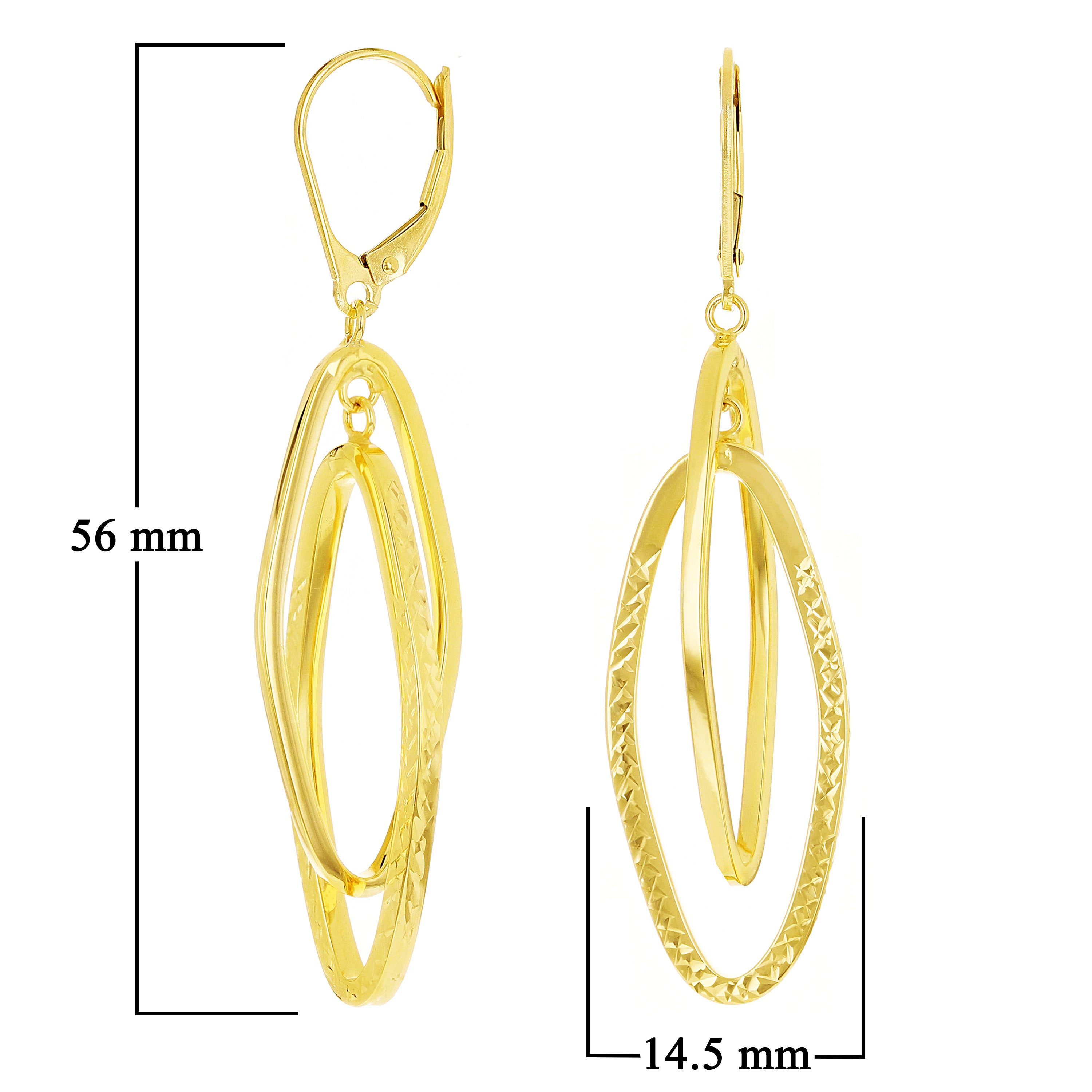 Italian 14k Yellow Gold Double Long Oval Dangle Drop Earrings 2.2" 3.3 grams