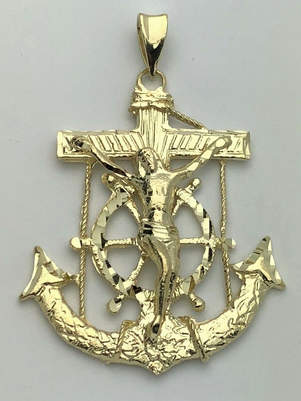 10k Yellow Gold Big Anchor Mariner Cross Jesus Crucifix Pendant 2.4" 14-15 grams
