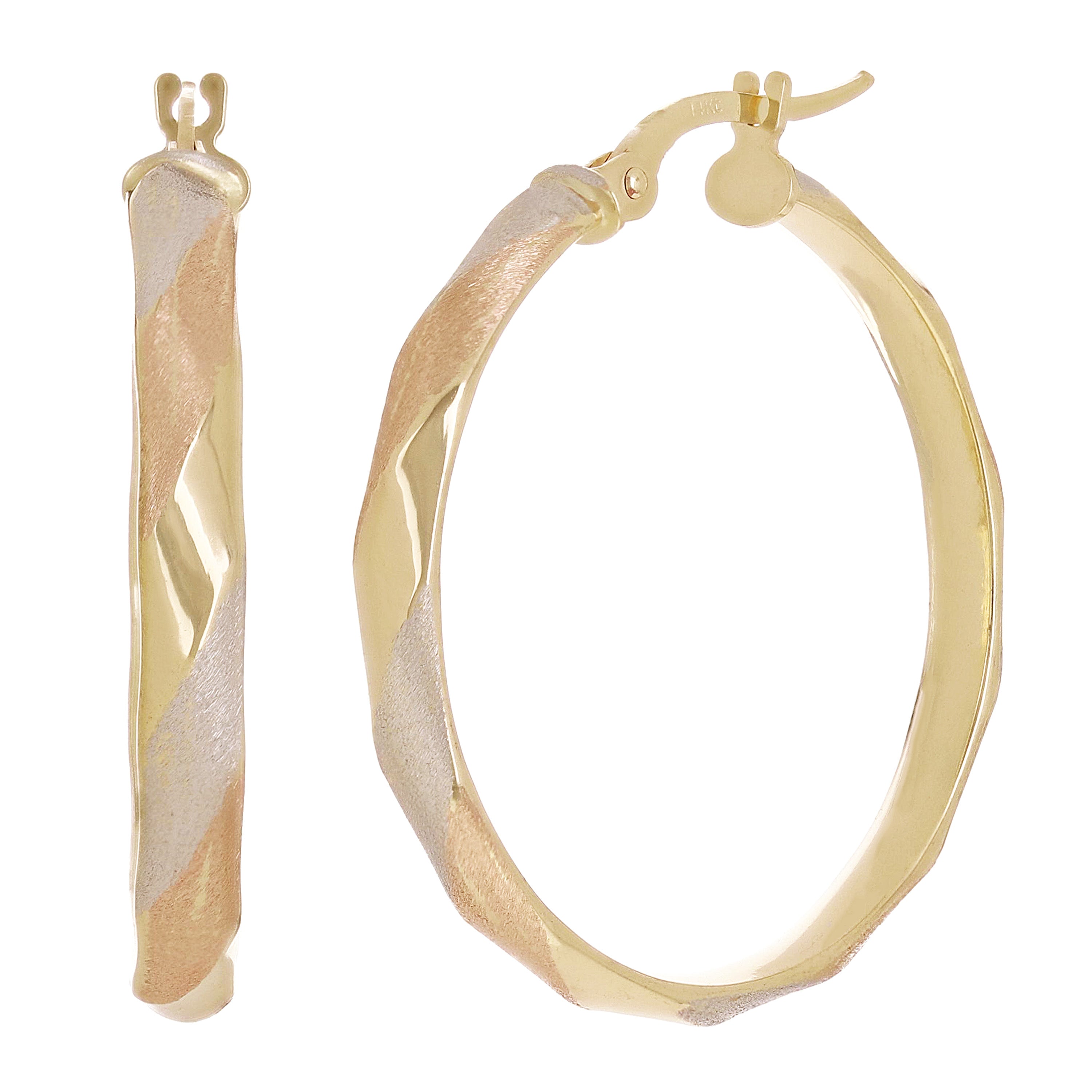 Italian 14k Tri-Color Gold Satin Twisted Hoop Earrings 1.2" 3.5mm 2.4 grams