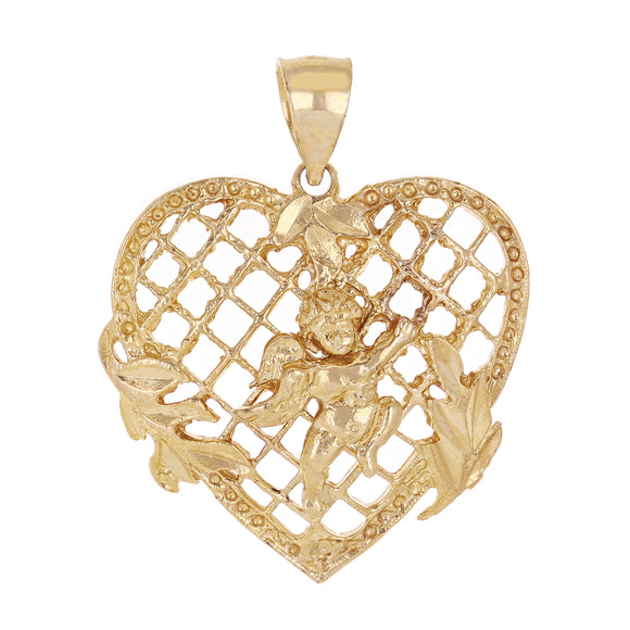 14k Yellow Gold Heart Cherub Guardian Angel Charm Pendant 1.4