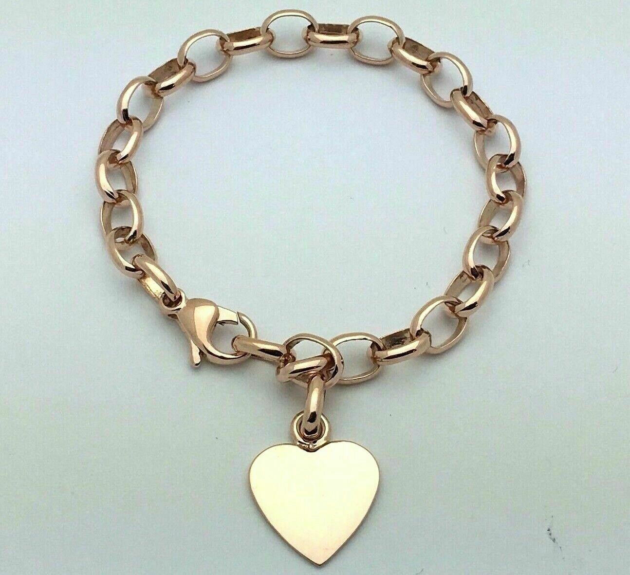 14k Rose Gold Oval Rolo Link Chain Heart Charm Bracelet 8" 18 grams