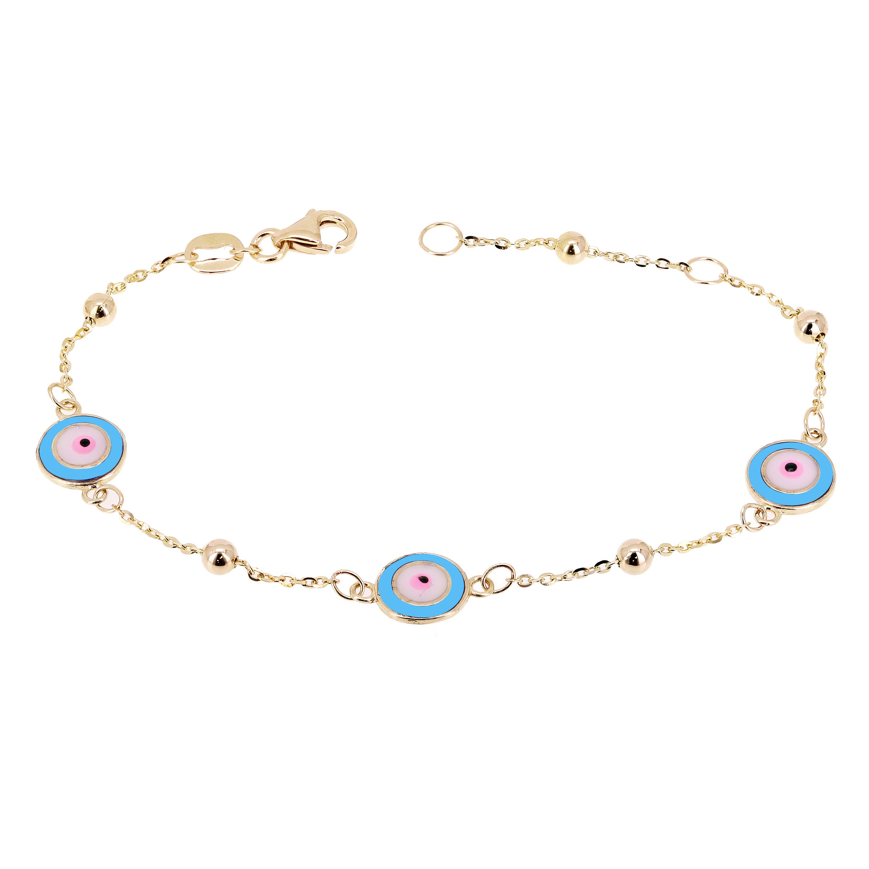 Italian 14k Yellow Gold Evil Eye Station Charm Bracelet 8" 7.8mm 2.5 grams