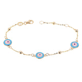 Italian 14k Yellow Gold Evil Eye Station Charm Bracelet 8" 7.8mm 2.5 grams