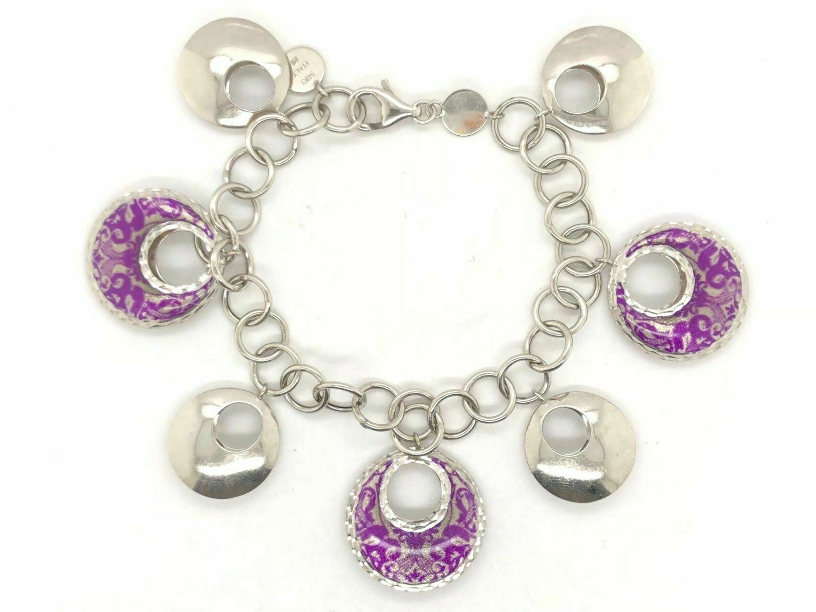 Italian 14k White Gold Fancy Round Charm Bracelet 7.5" 20.9 grams