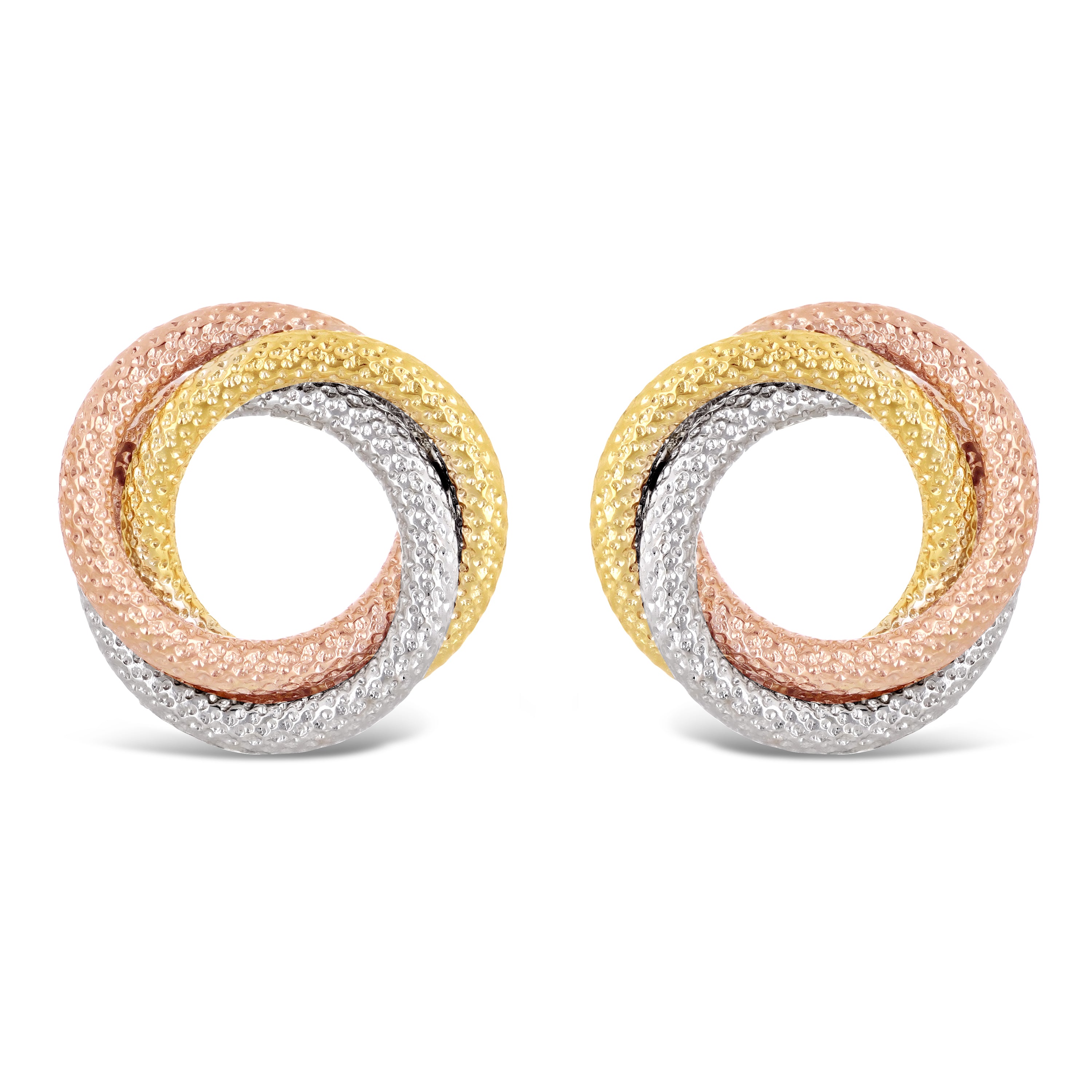 Italian 14k Tri-Color Gold Tube Triple Eternity Circle Love Knot Stud Earrings - Tri-Color Double Circle