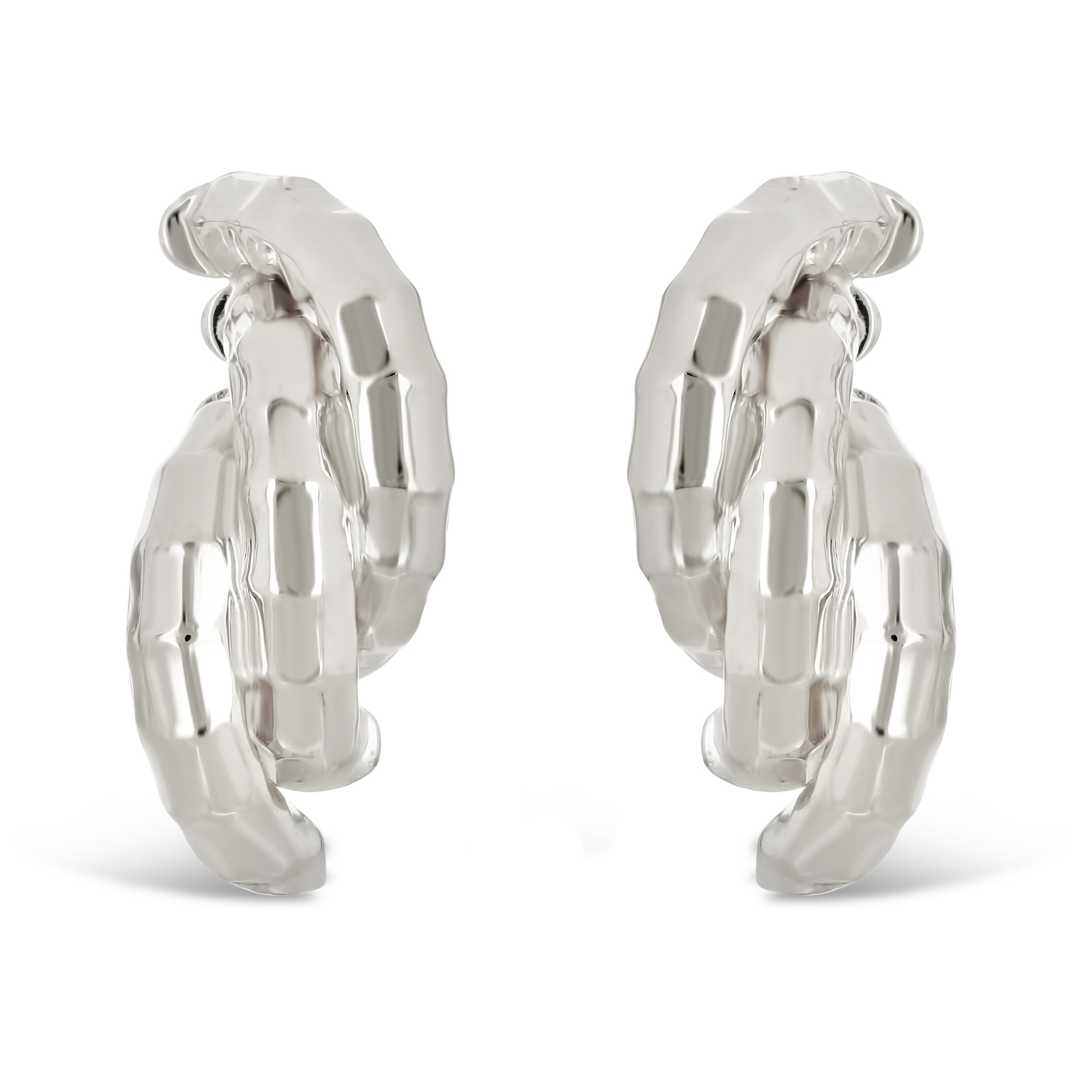 Italian 14k White Gold Bamboo Texture Triple Macaroni Spiral Stud Earrings - White