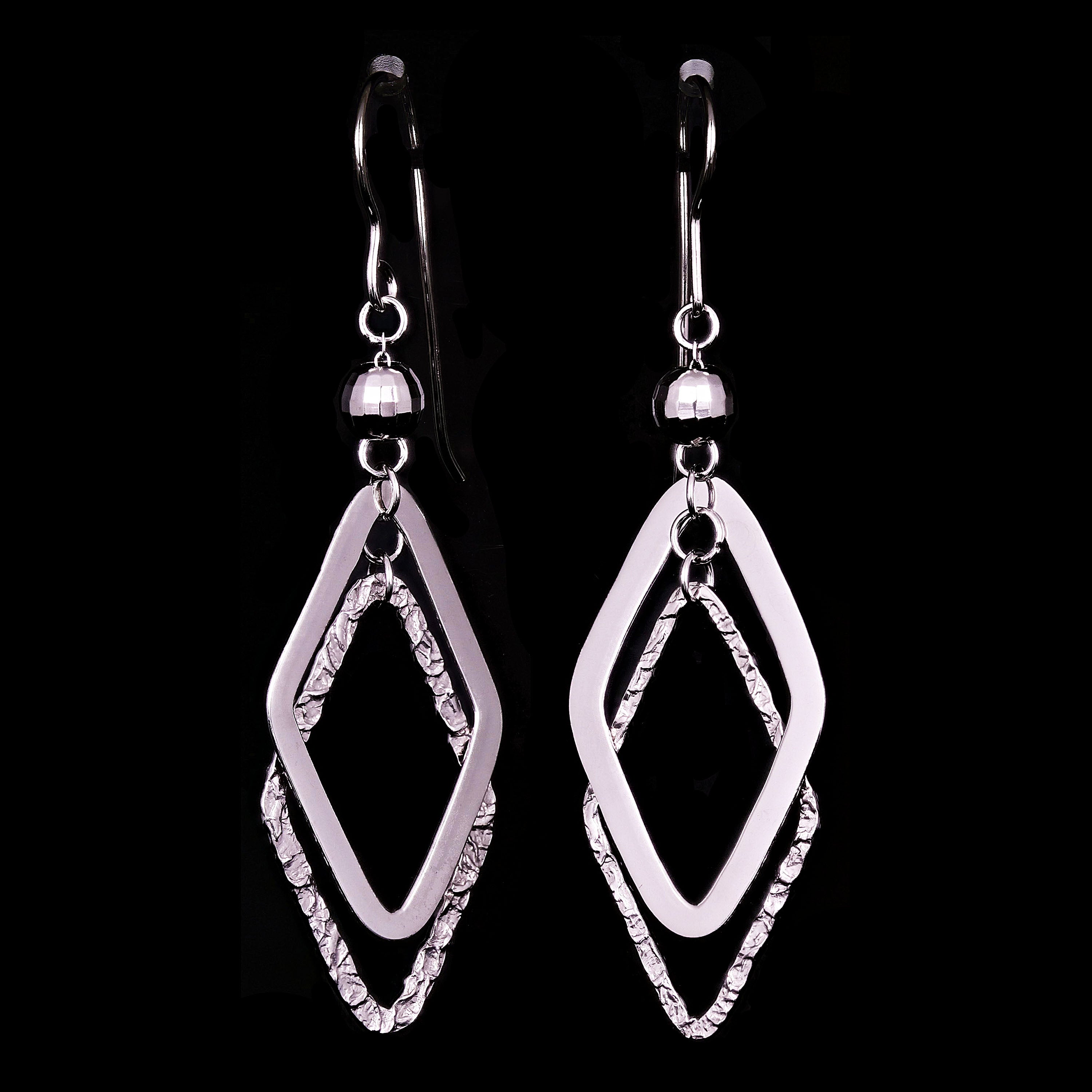 Sterling Silver Double Diamond-Shaped Dangle Earrings 2.2"