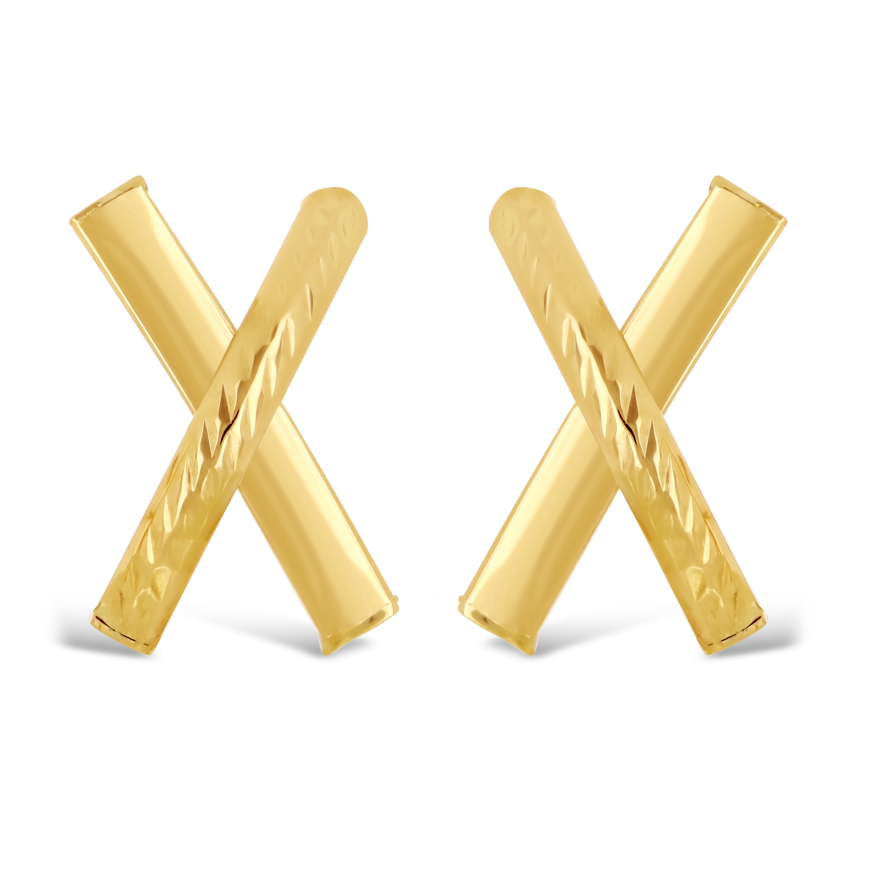 Italian 14k Yellow Gold Diamond Cut Medium X-Shape Hugs Love Bar Stud Earrings - Medium