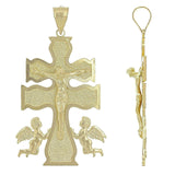 14k Yellow Gold Caravaca Double Cross with Angels Crucifix Pendant 2" 8.2 grams - Yellow