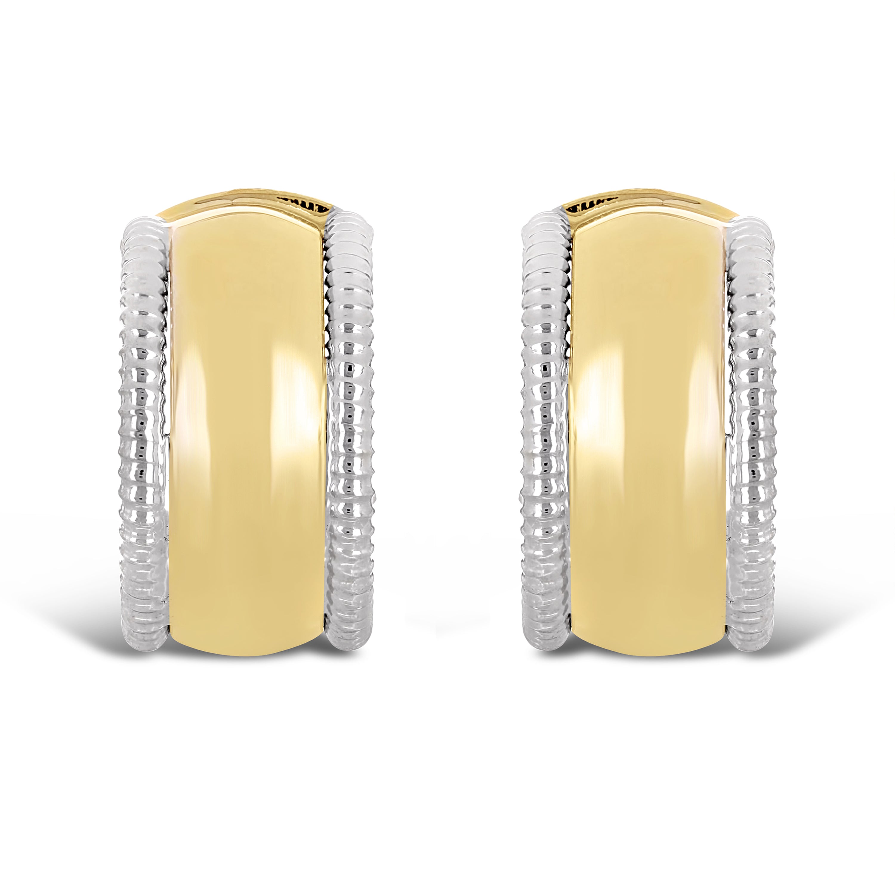 Italian 14k Yellow & White Gold Rope Shiny Small Huggie C-Shaped Hoop Earrings