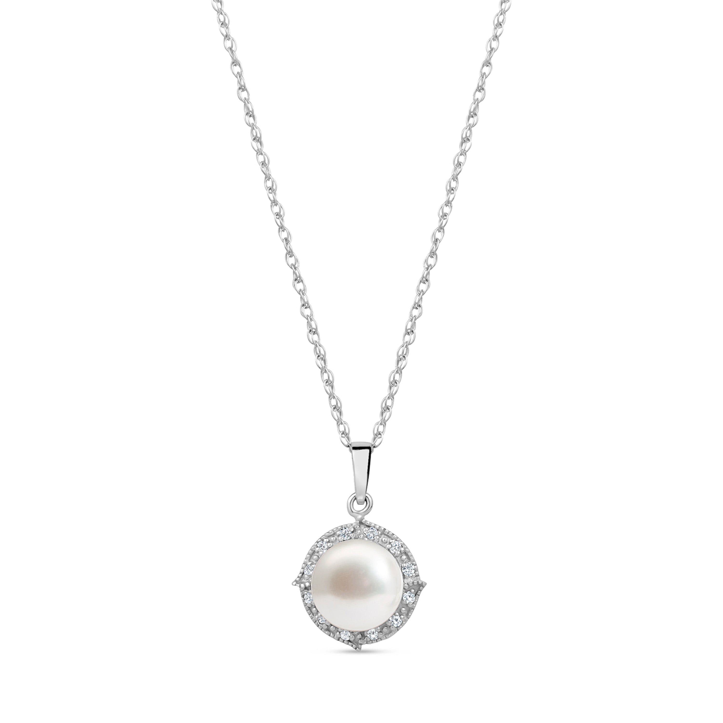 14k White Gold Freshwater Pearl Halo Pendant Necklace 18" with Diamonds