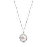 14k White Gold Freshwater Pearl Halo Pendant Necklace 18" with Diamonds
