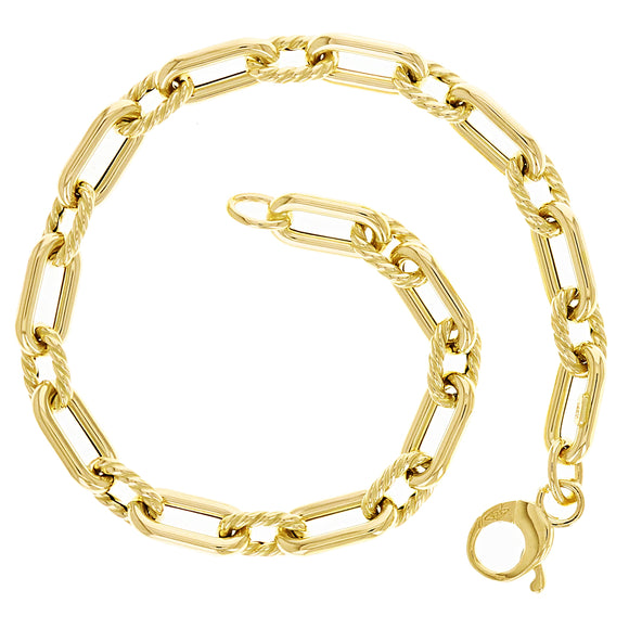 Italian 14k Yellow Gold Hollow Oval & Paper Clip Link Bracelet 7.5