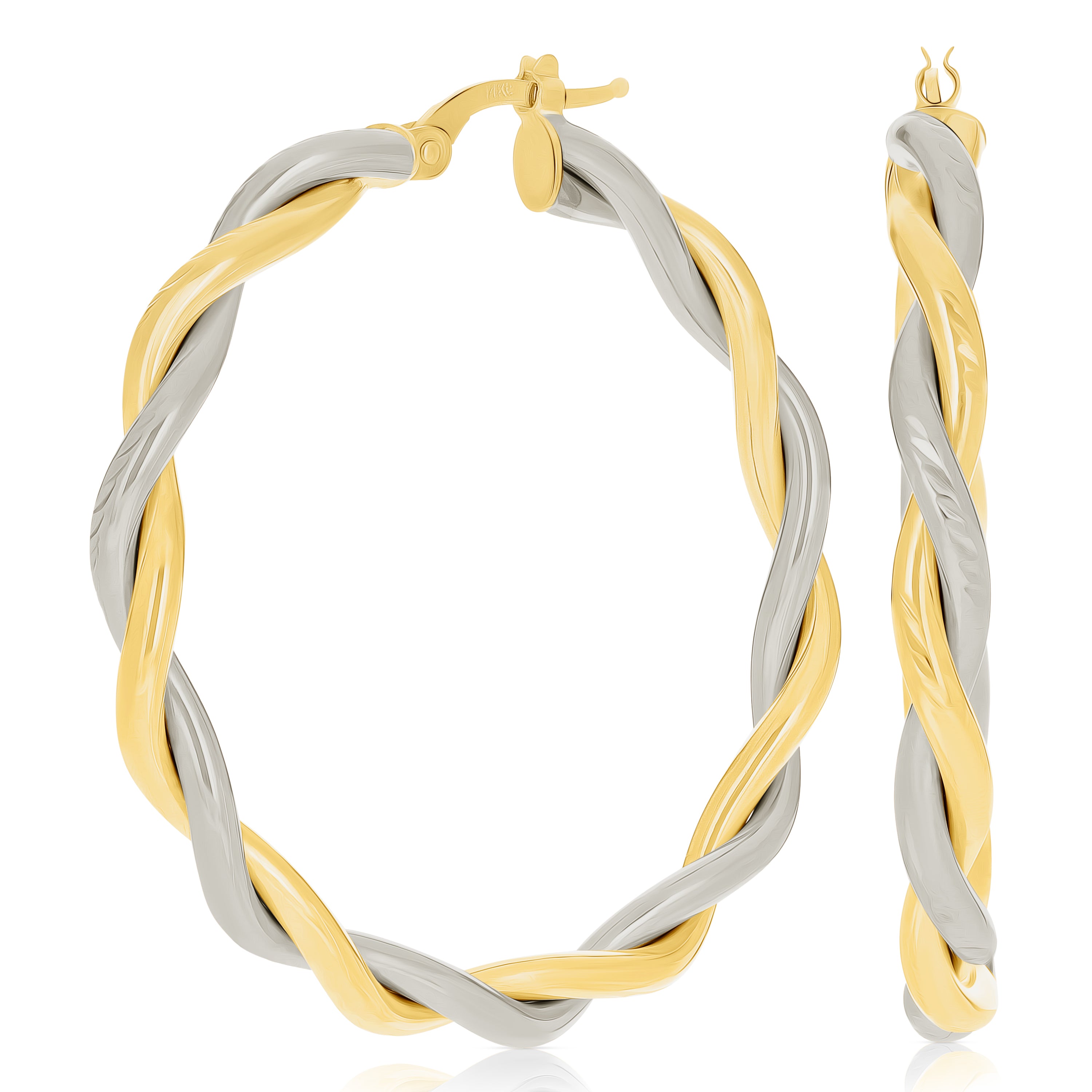 Italian 14k Yellow & White Gold Twisted Diamond Cut Large Hollow Hoop Earrings