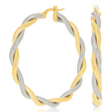 Italian 14k Yellow & White Gold Twisted Diamond Cut Large Hollow Hoop Earrings
