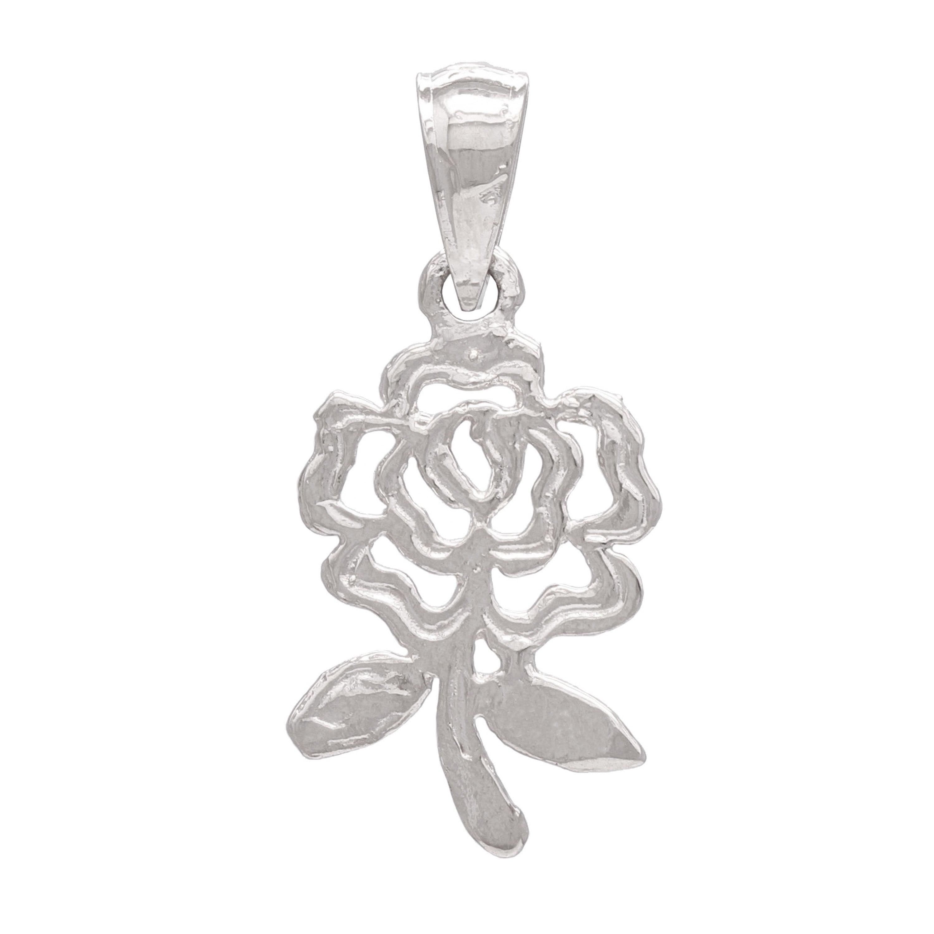 14k White Gold Solid Diamond Cut Rose Flower Charm Pendant 1.1 grams - White